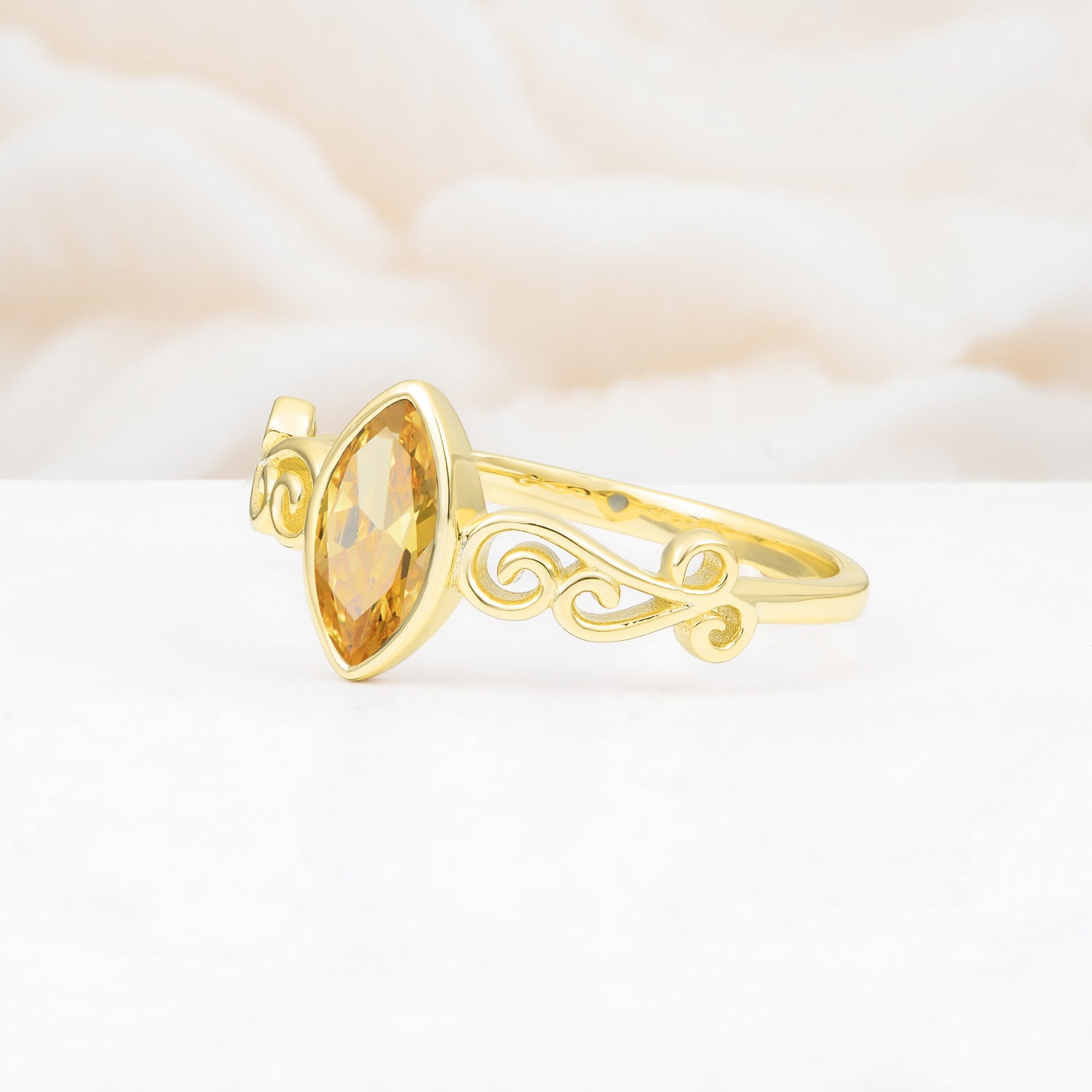 Vintage Marquise Cut Ornate Scroll Design Citrine Engagement Ring - Additional view