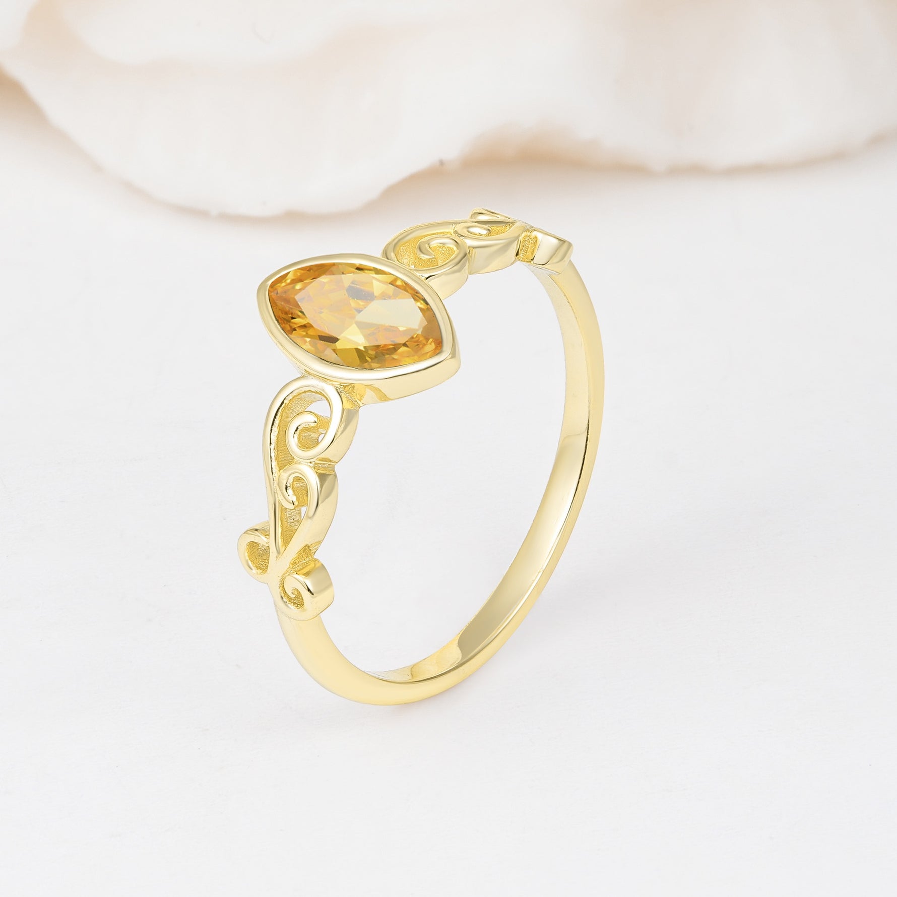 Vintage Marquise Cut Ornate Scroll Design Citrine Engagement Ring - Additional view