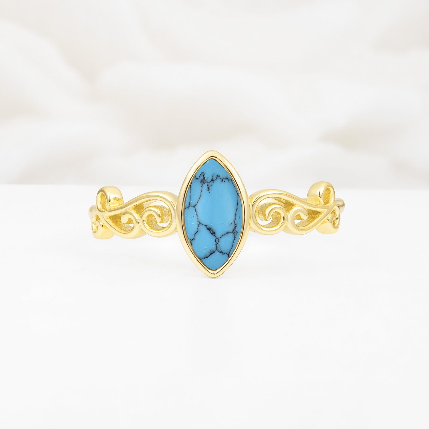 Vintage Marquise Cut Ornate Scroll Design Turquoise Engagement Ring - Additional view