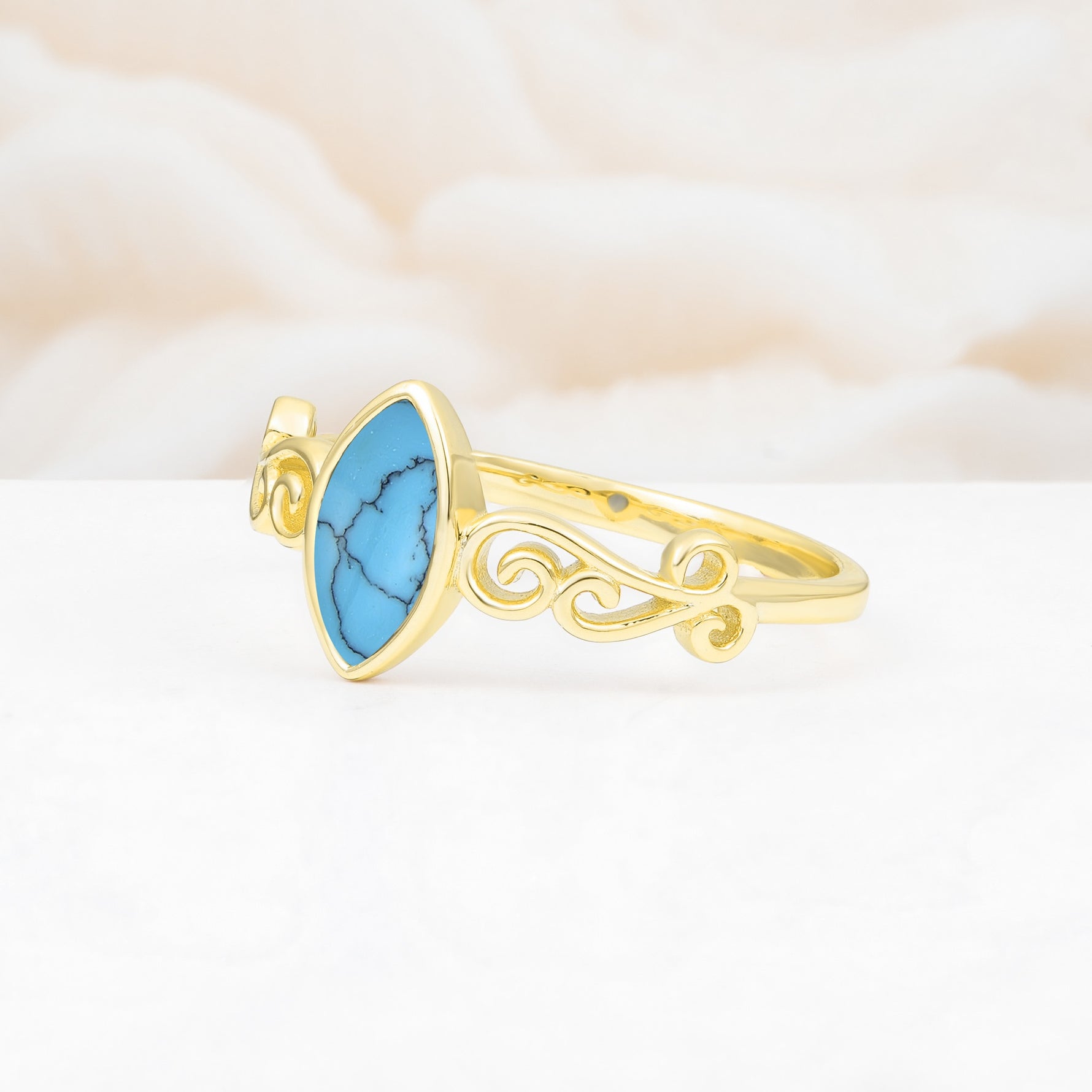 Vintage Marquise Cut Ornate Scroll Design Turquoise Engagement Ring - Additional view