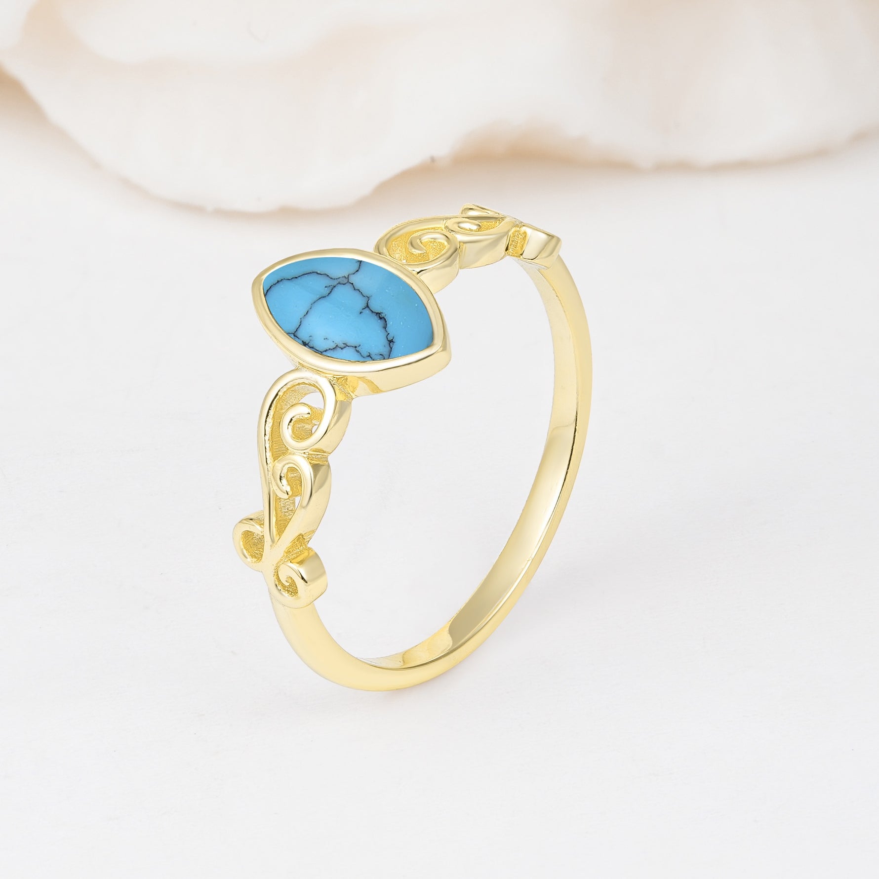Vintage Marquise Cut Ornate Scroll Design Turquoise Engagement Ring - Additional view