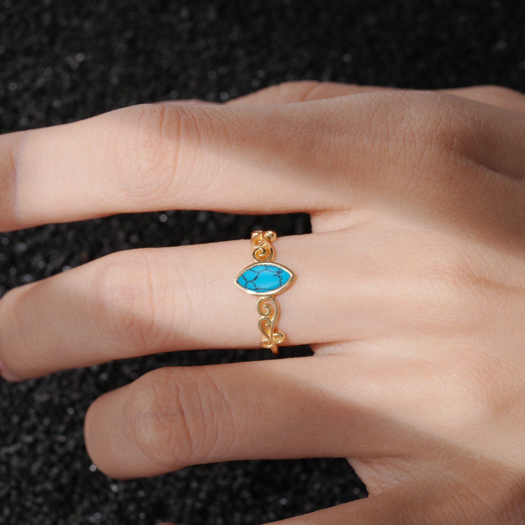 Vintage Marquise Cut Ornate Scroll Design Turquoise Engagement Ring - Additional view