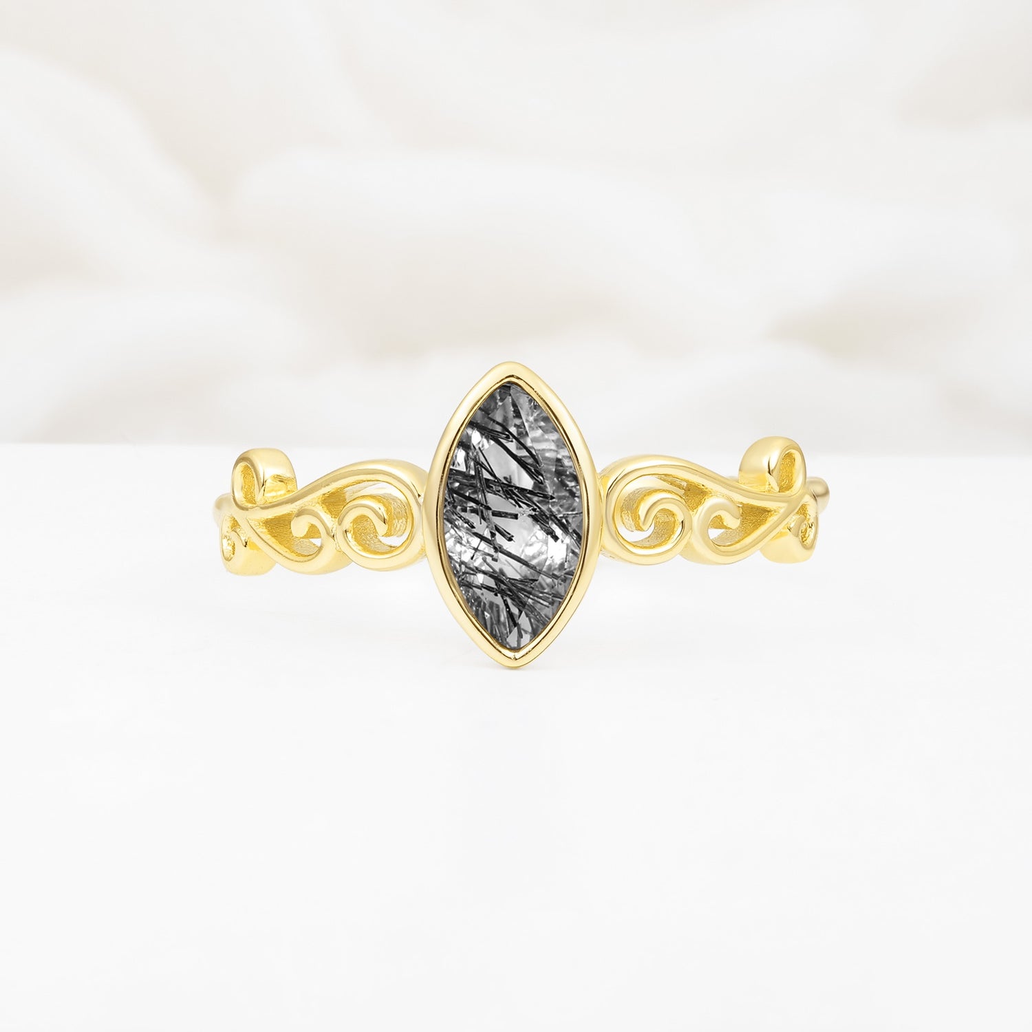 Vintage Marquise Cut Ornate Scroll Design Black Rutilated Quartz Engagement Ring - Additional view