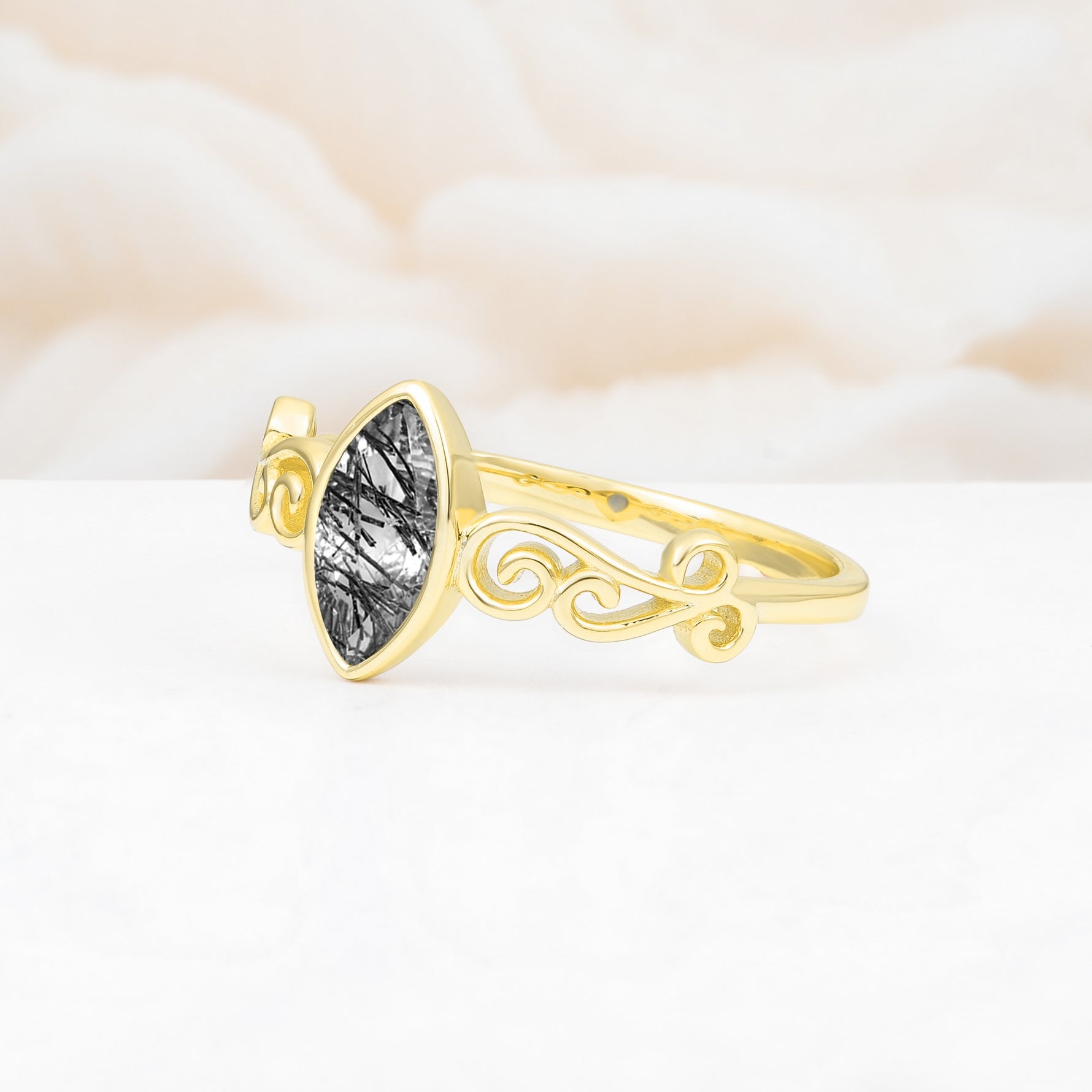 Vintage Marquise Cut Ornate Scroll Design Black Rutilated Quartz Engagement Ring - Additional view