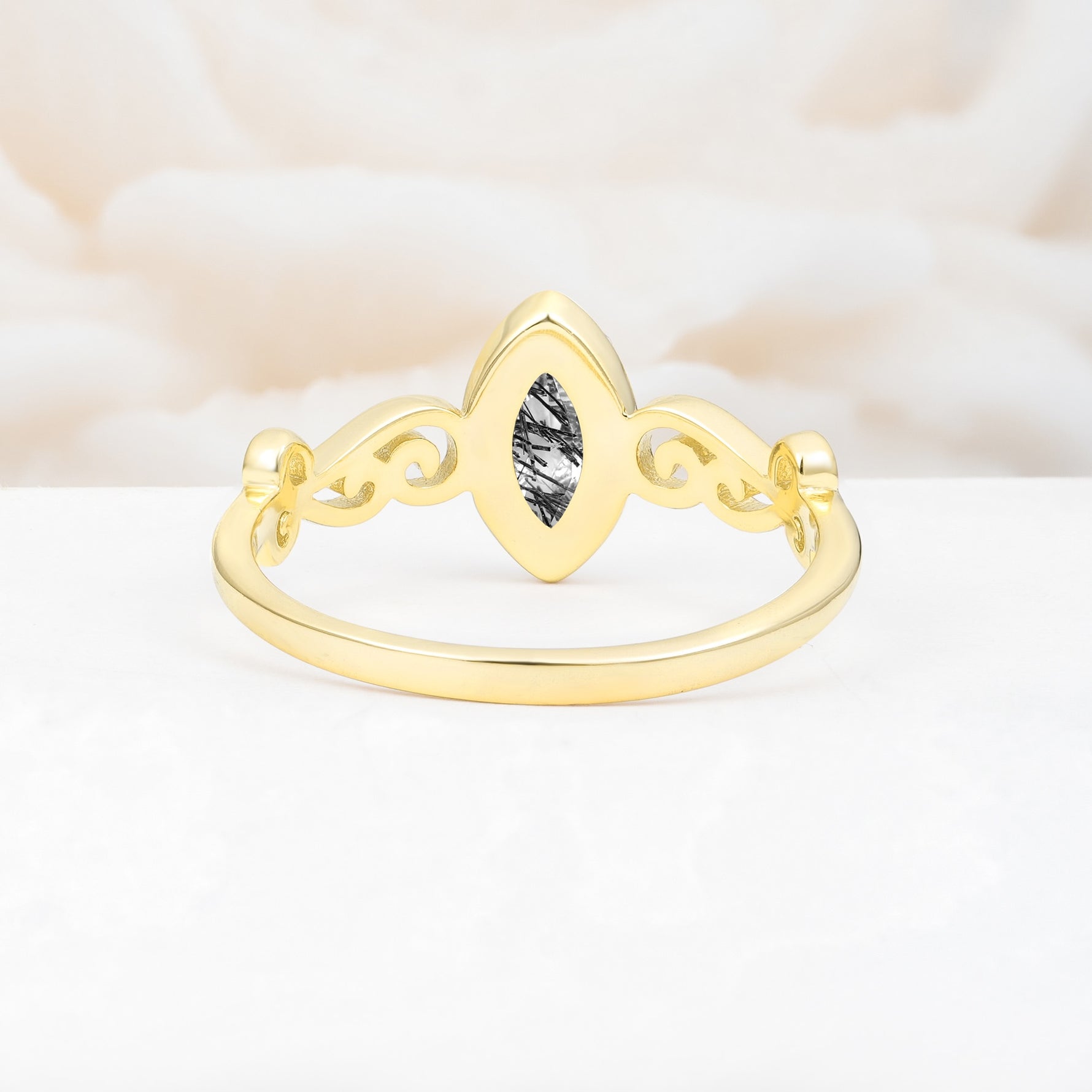 Vintage Marquise Cut Ornate Scroll Design Black Rutilated Quartz Engagement Ring - Additional view