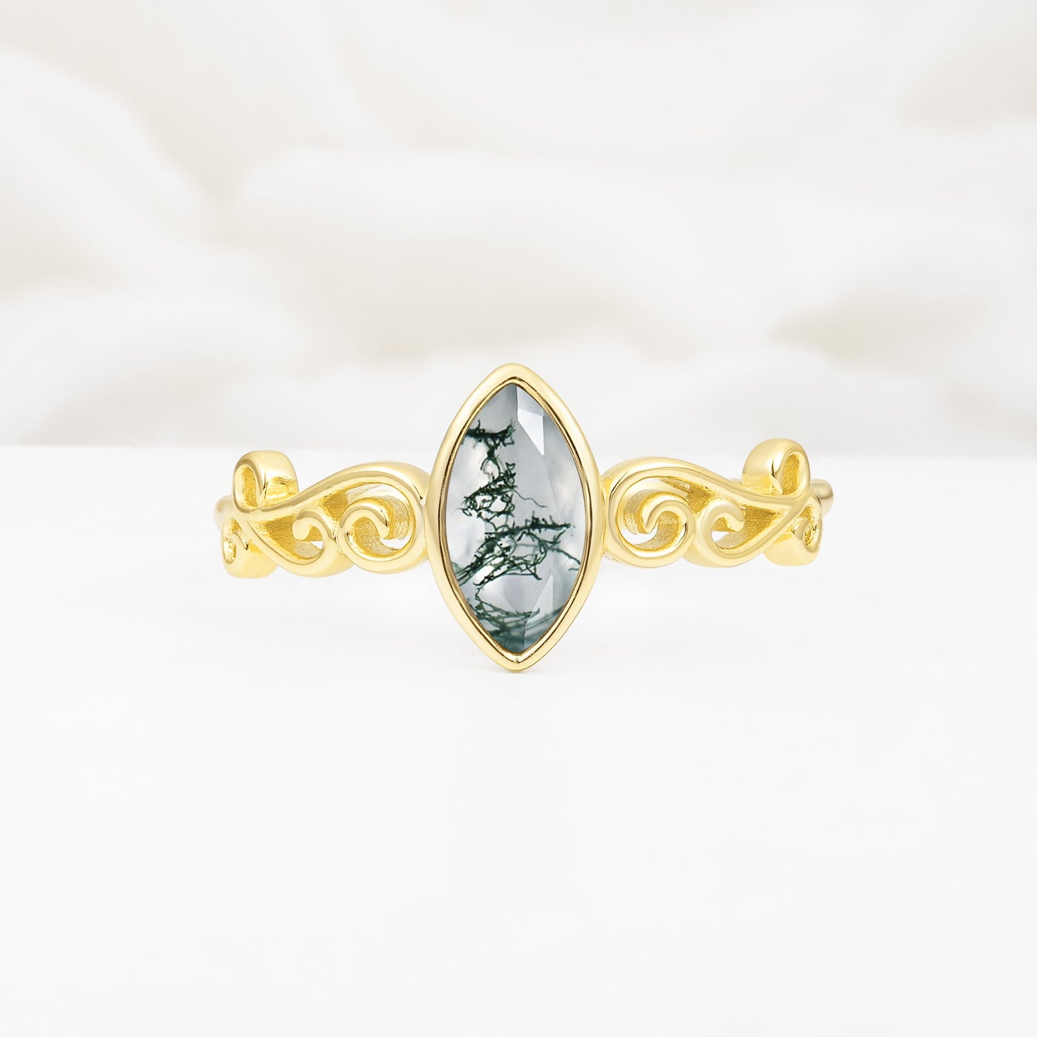 Vintage Marquise Cut Ornate Scroll Design Moss Agate Engagement Ring - Additional view