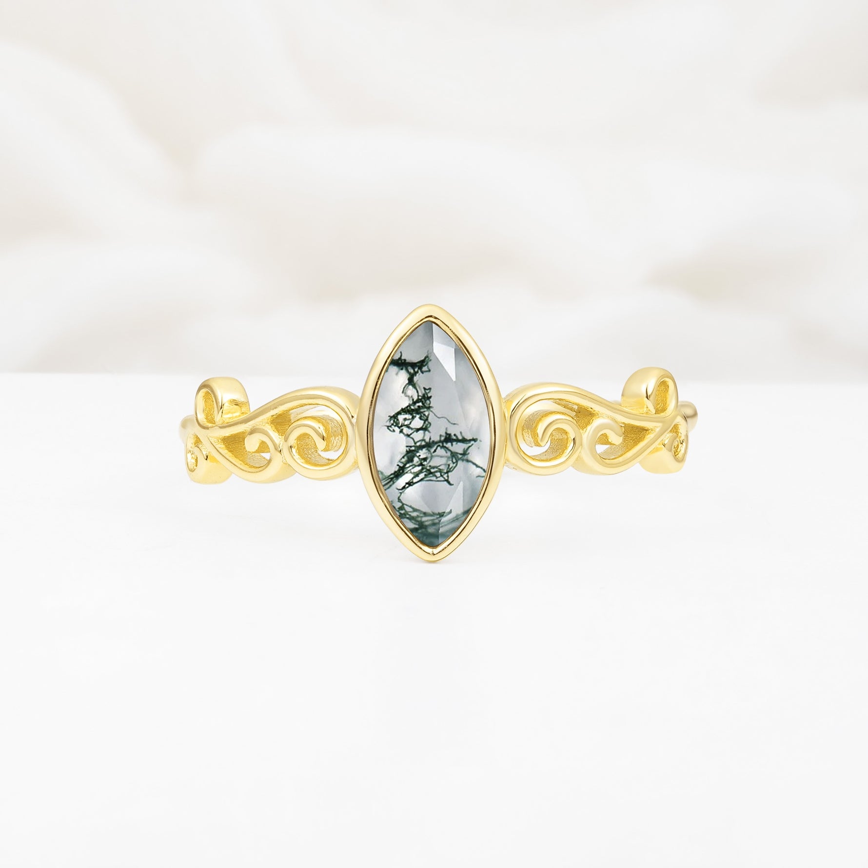 Vintage Marquise Cut Ornate Scroll Design Moss Agate Engagement Ring - Additional view