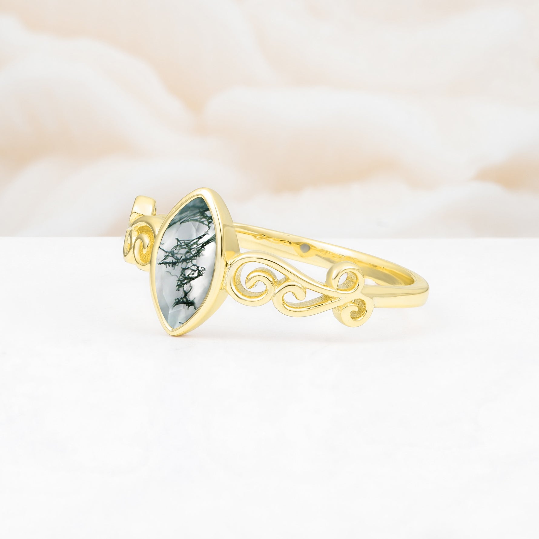 Vintage Marquise Cut Ornate Scroll Design Moss Agate Engagement Ring - Additional view