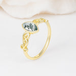 Vintage Marquise Cut Ornate Scroll Design Moss Agate Engagement Ring - Additional view