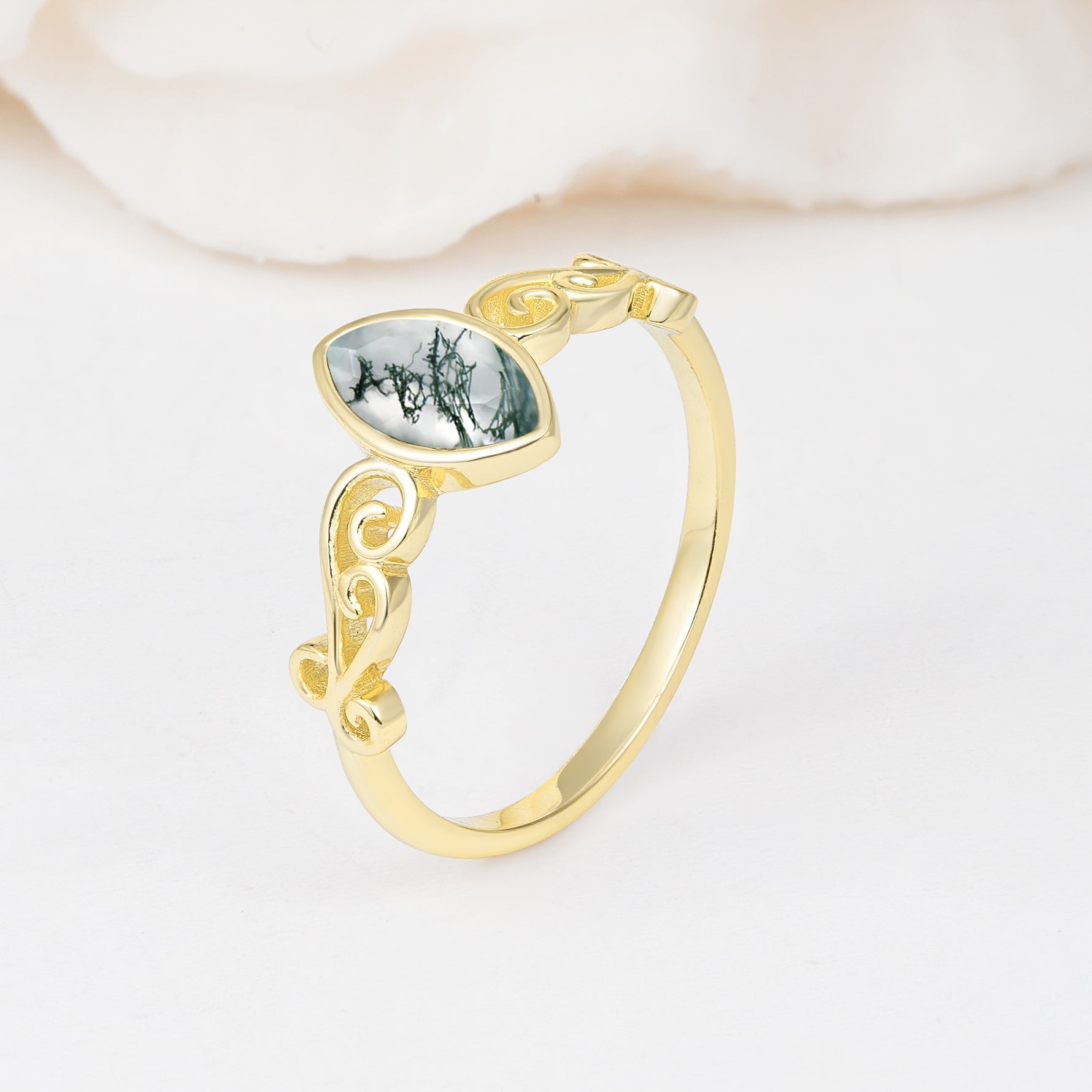 Vintage Marquise Cut Ornate Scroll Design Moss Agate Engagement Ring - Additional view