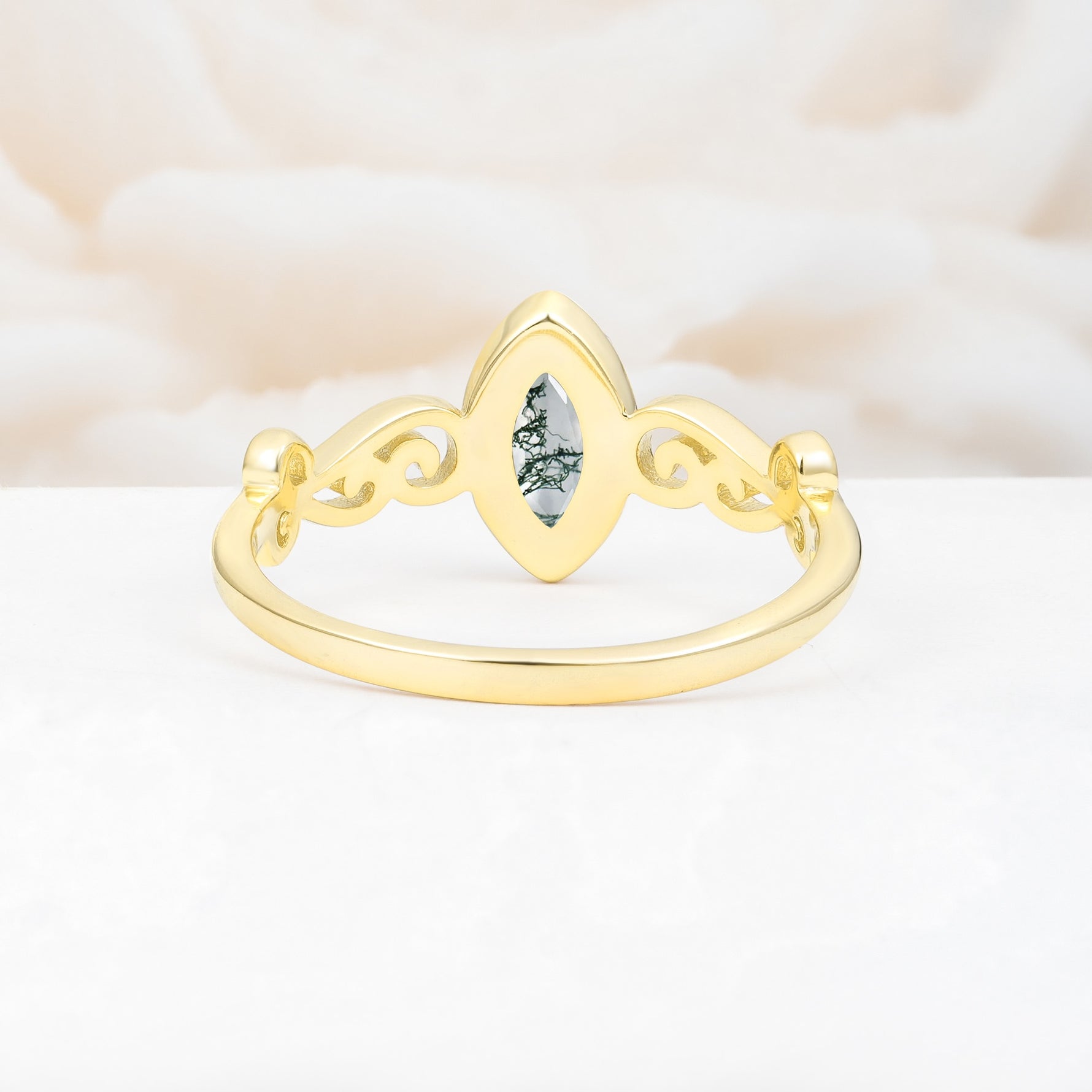 Vintage Marquise Cut Ornate Scroll Design Moss Agate Engagement Ring - Additional view