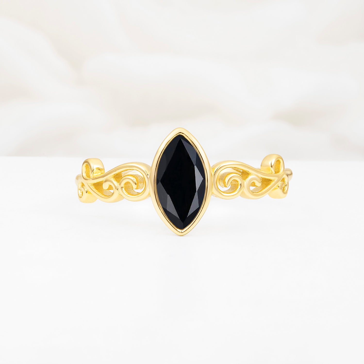 Vintage Art Nouveau Marquise-Cut Black Onyx Ring  Bridal Promise Ring