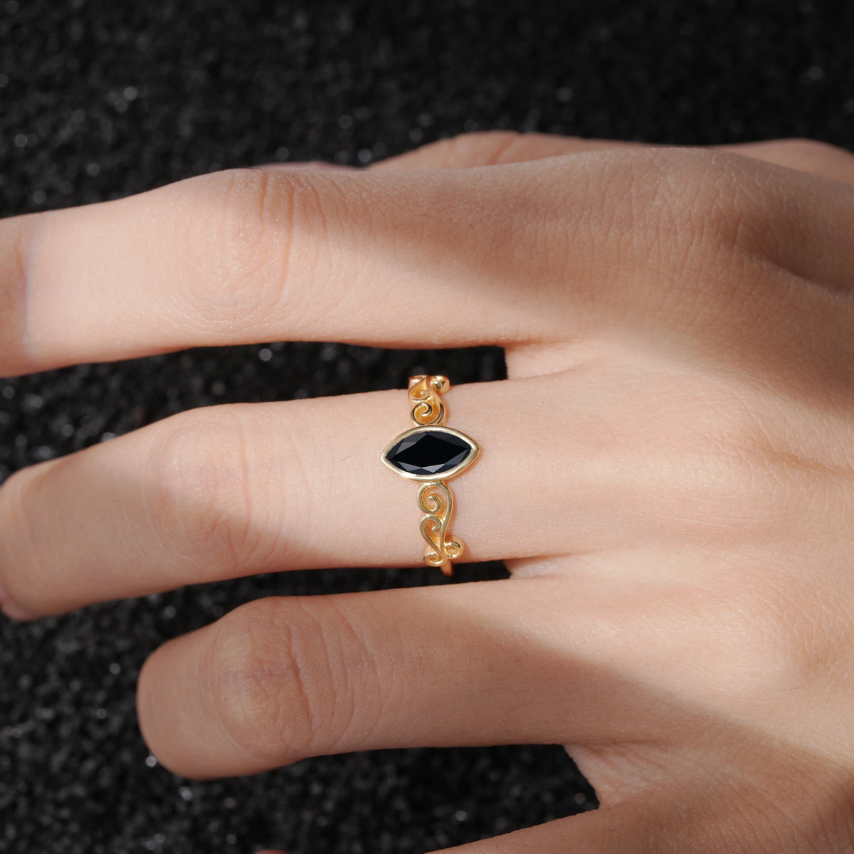Vintage Art Nouveau Marquise-Cut Black Onyx Ring  Bridal Promise Ring