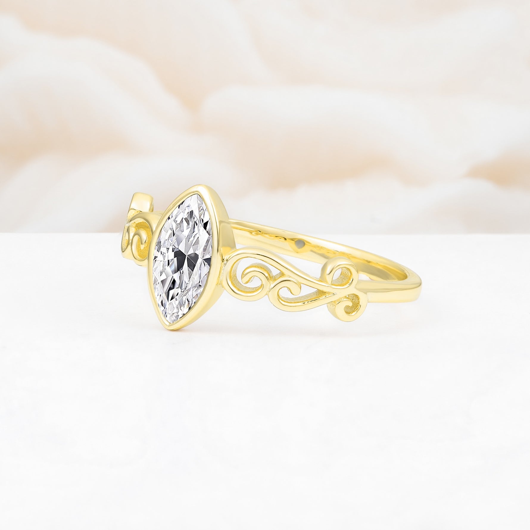 Vintage Marquise Cut Ornate Scroll Design Lab Diamond Engagement Ring - Additional view