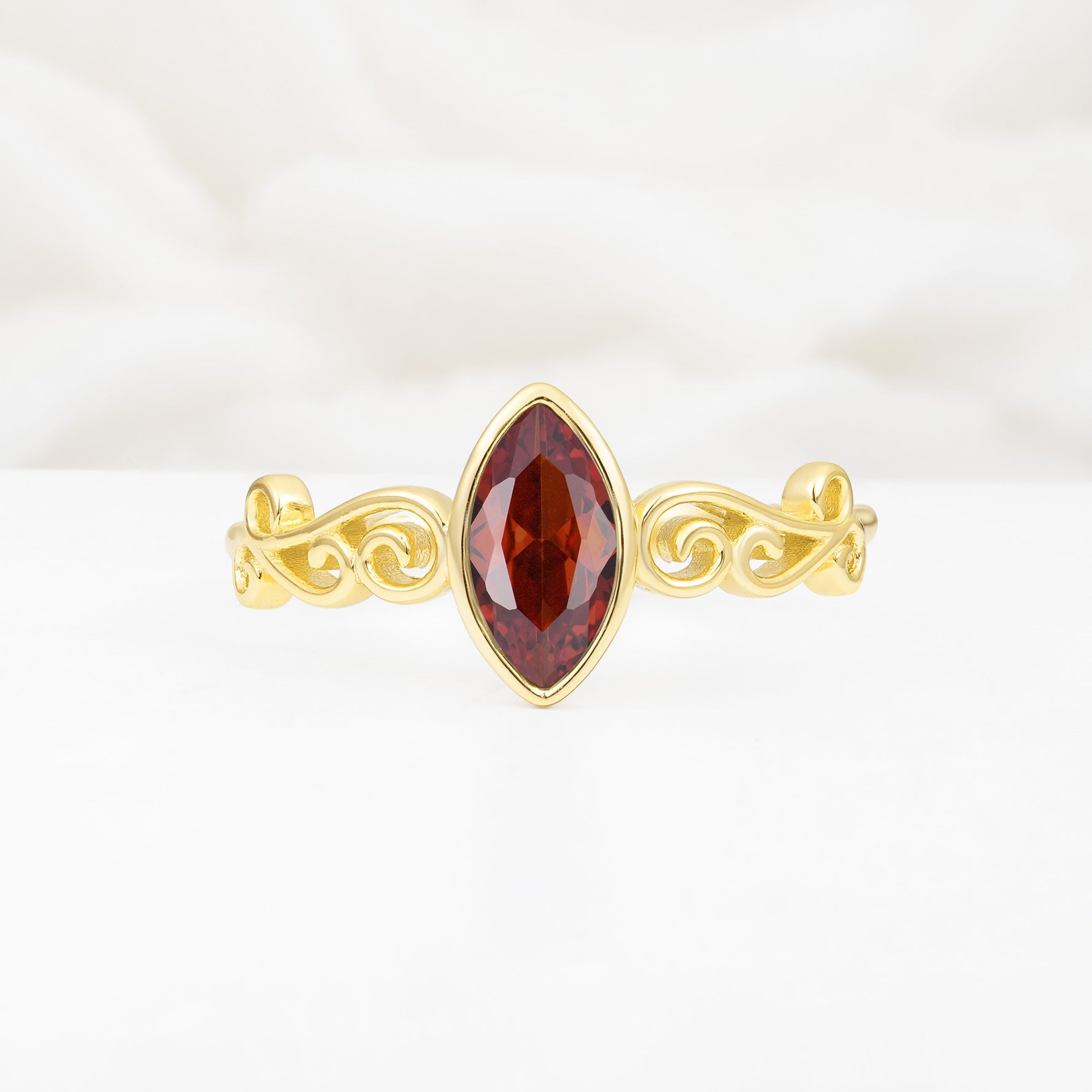 Vintage Marquise Cut Ornate Scroll Design Garnet Engagement Ring - Additional view