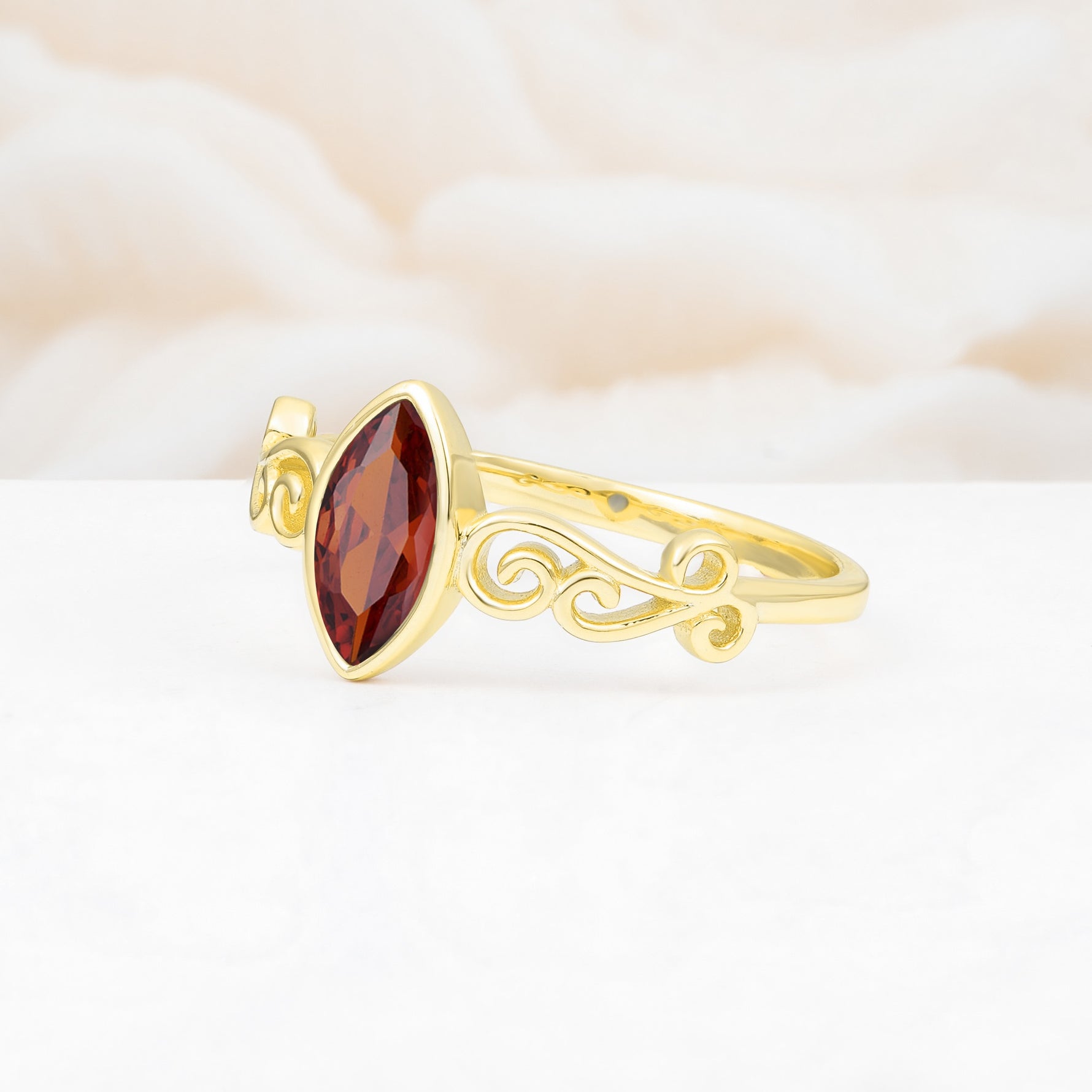 Vintage Marquise Cut Ornate Scroll Design Garnet Engagement Ring - Additional view