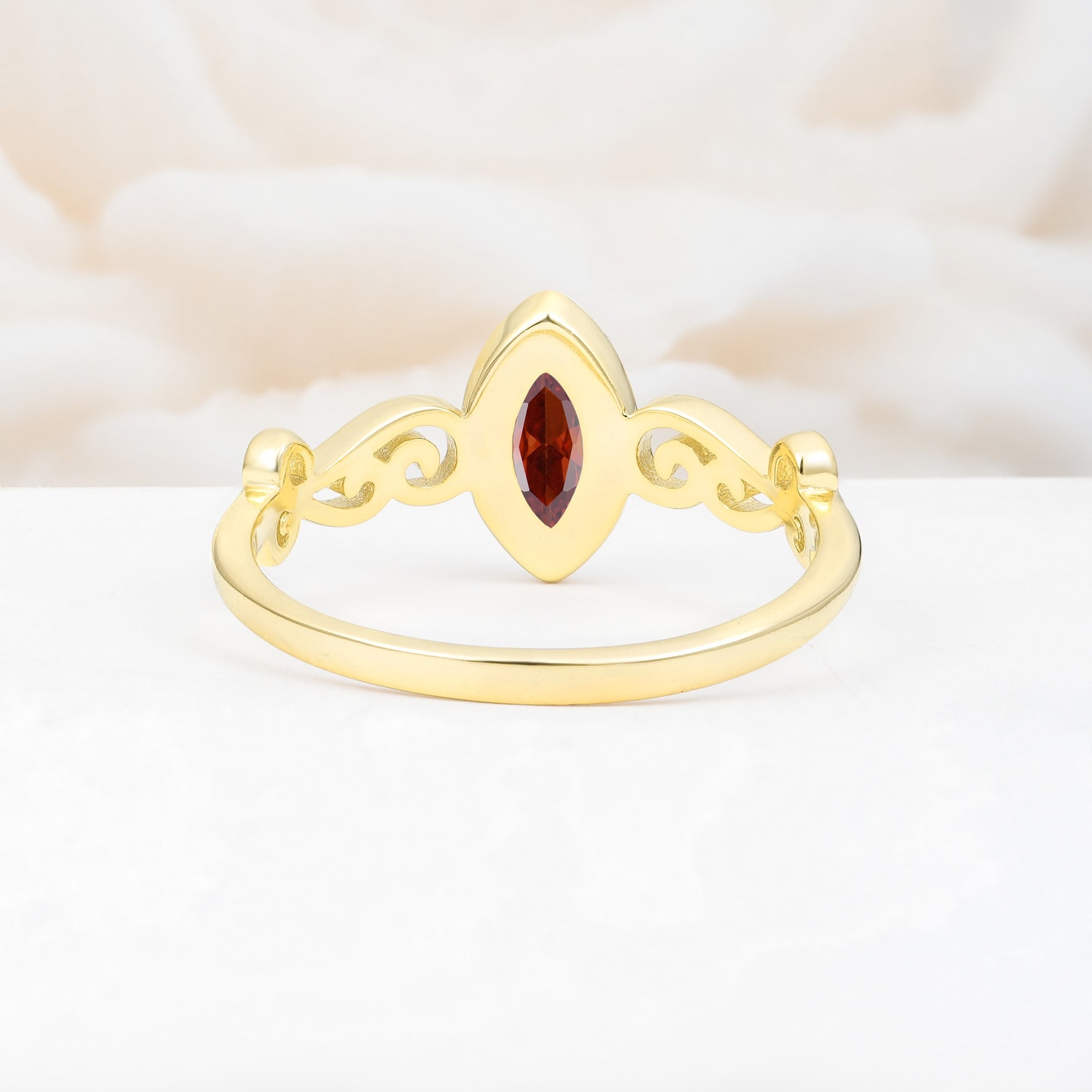 Vintage Marquise Cut Ornate Scroll Design Garnet Engagement Ring - Additional view
