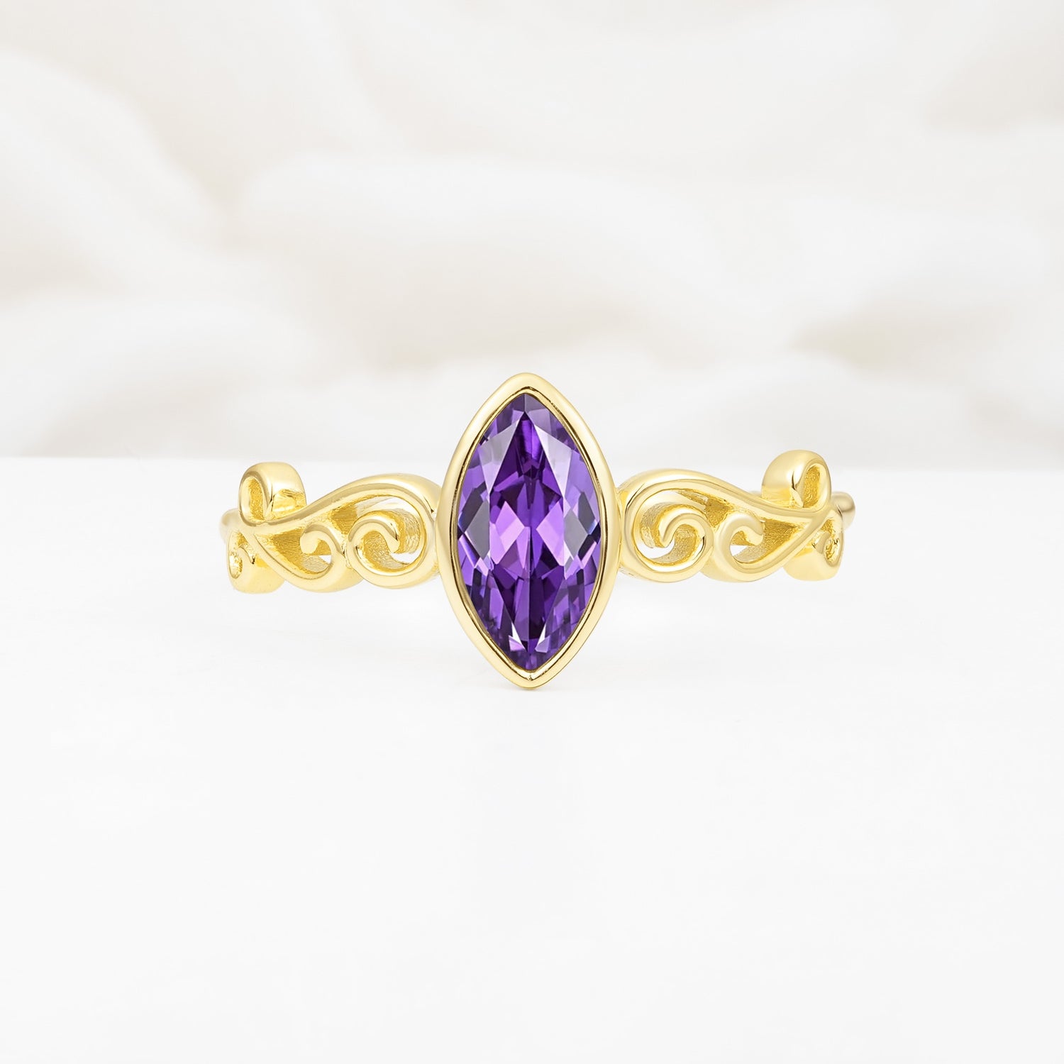 Vintage Marquise Cut Ornate Scroll Design Amethyst Engagement Ring - Additional view