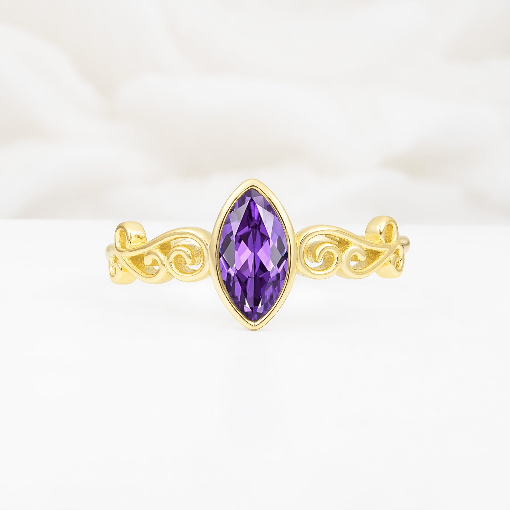 Vintage Marquise Cut Ornate Scroll Design Amethyst Engagement Ring - Additional view
