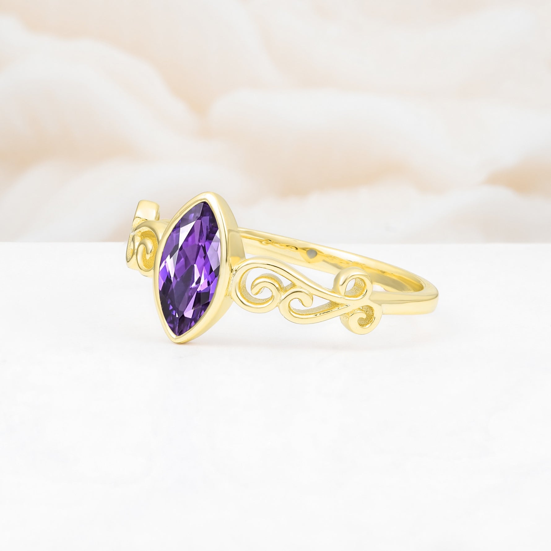 Vintage Marquise Cut Ornate Scroll Design Amethyst Engagement Ring - Additional view