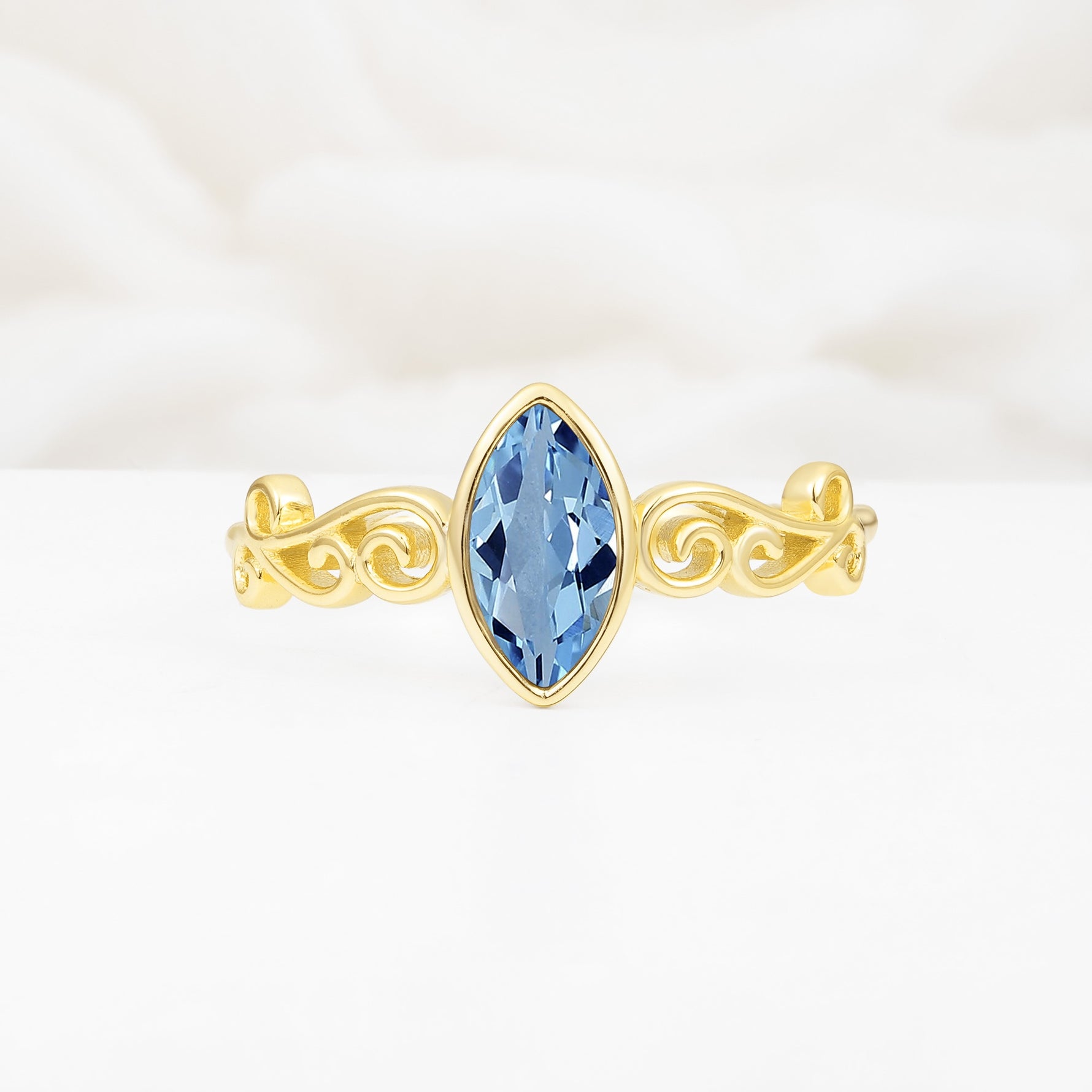 Vintage Marquise Cut Ornate Scroll Design Aquamarine Engagement Ring - Additional view