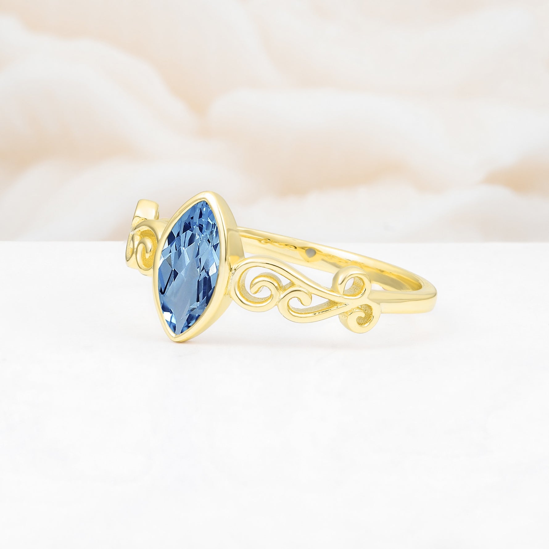 Vintage Marquise Cut Ornate Scroll Design Aquamarine Engagement Ring - Additional view