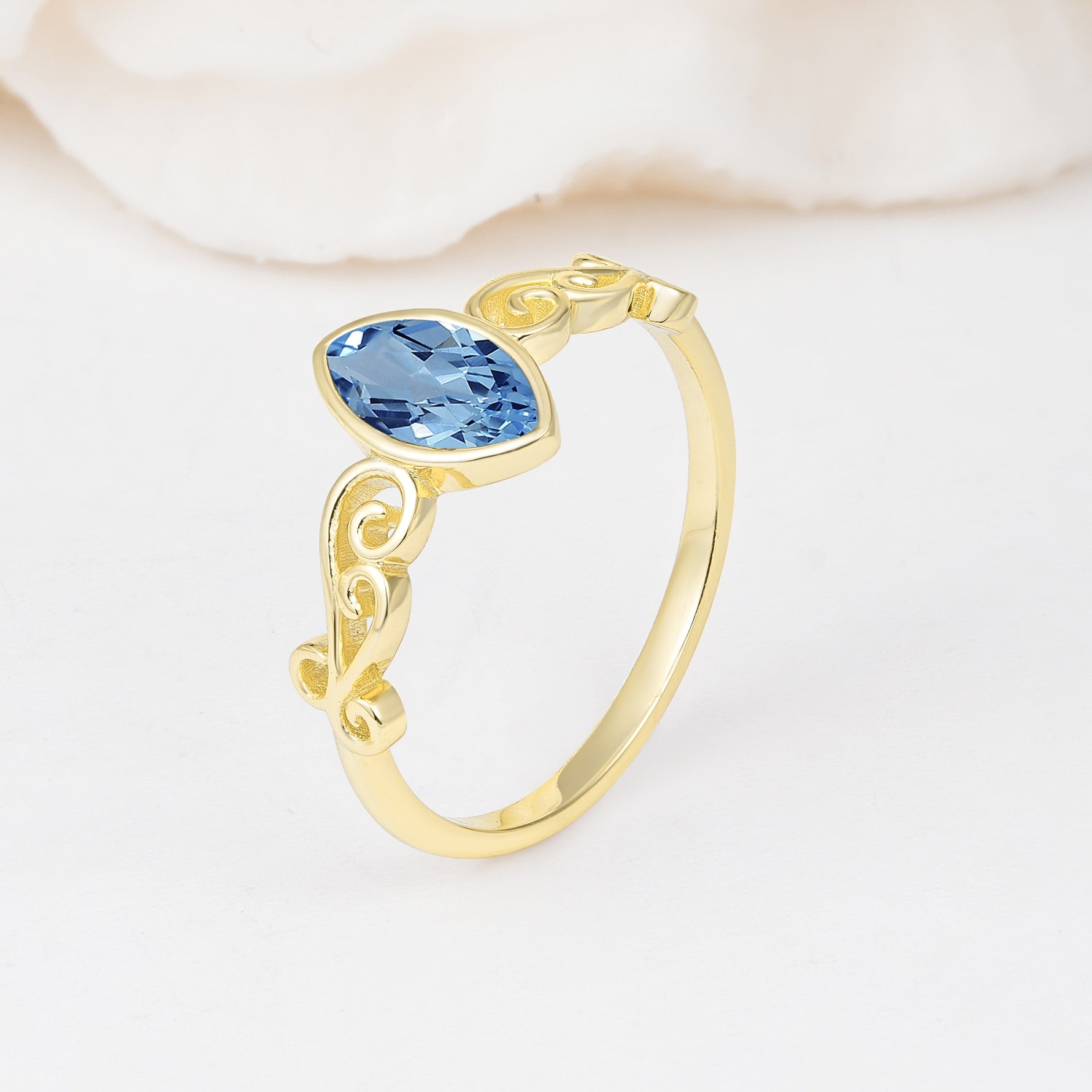 Vintage Marquise Cut Ornate Scroll Design Aquamarine Engagement Ring - Additional view