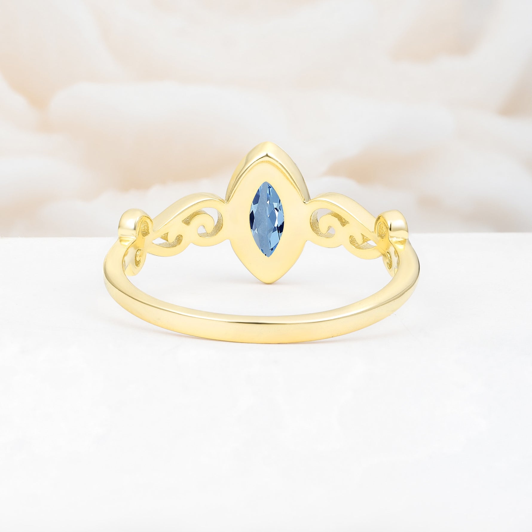Vintage Marquise Cut Ornate Scroll Design Aquamarine Engagement Ring - Additional view