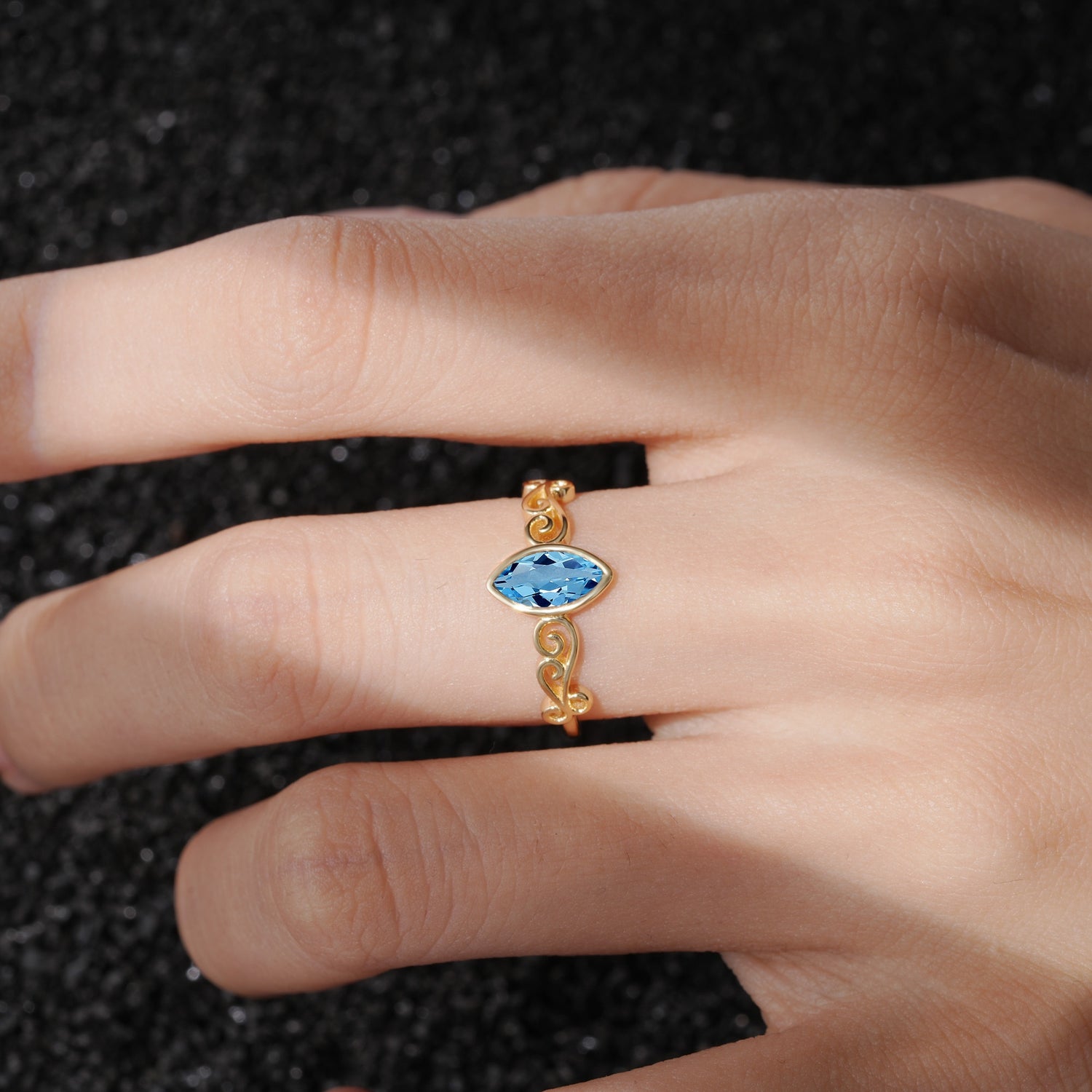 Vintage Marquise Cut Ornate Scroll Design Aquamarine Engagement Ring - Additional view