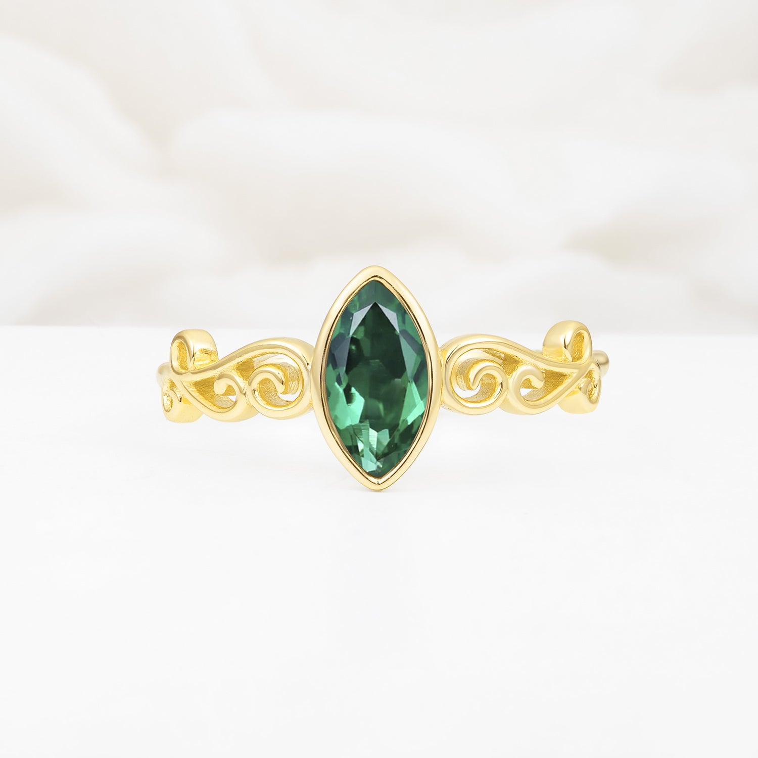 Vintage Marquise Cut Ornate Scroll Design Emerald Engagement Ring - Additional view