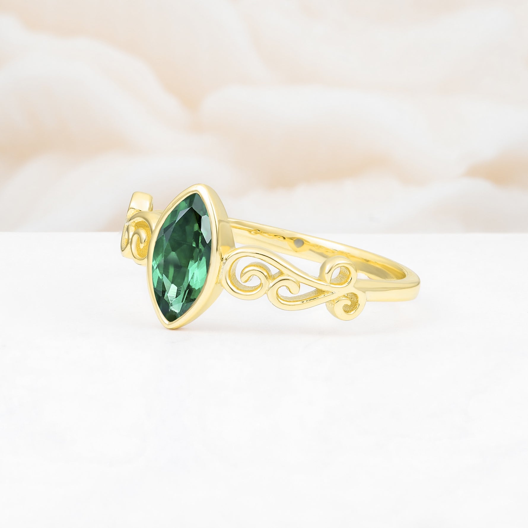Vintage Marquise Cut Ornate Scroll Design Emerald Engagement Ring - Additional view