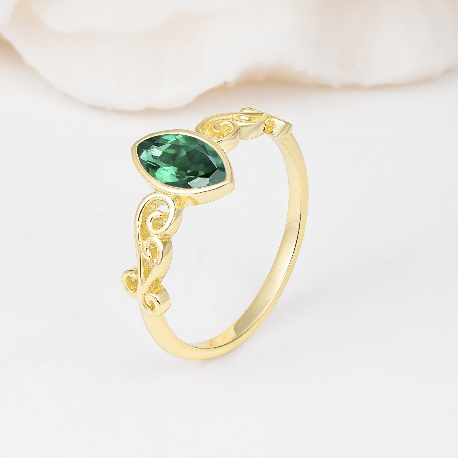 Vintage Marquise Cut Ornate Scroll Design Emerald Engagement Ring - Additional view