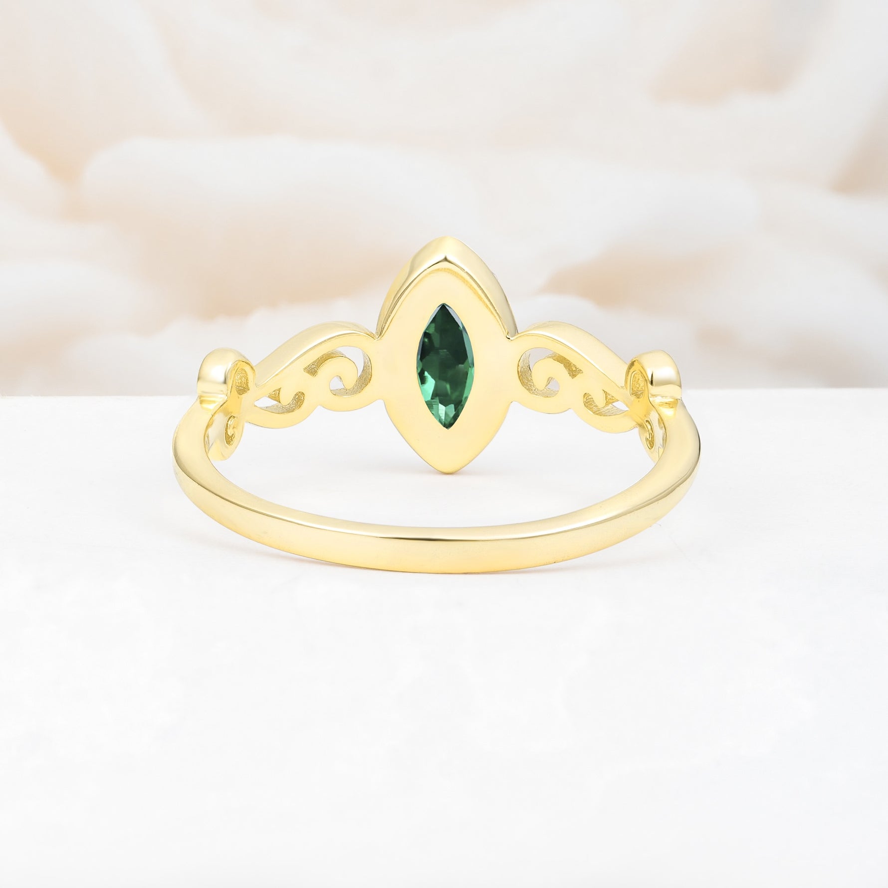 Vintage Marquise Cut Ornate Scroll Design Emerald Engagement Ring - Additional view