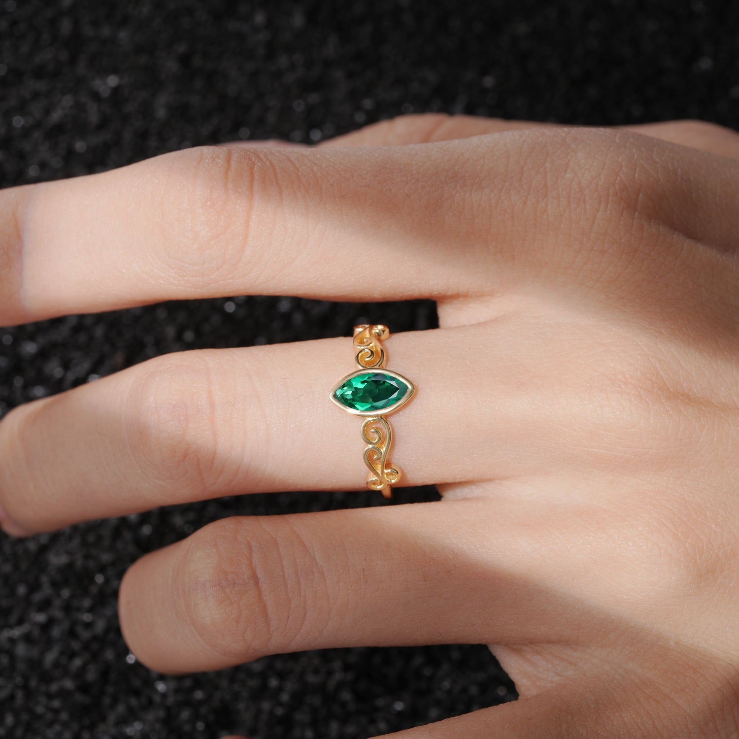 Vintage Marquise Cut Ornate Scroll Design Emerald Engagement Ring - Additional view