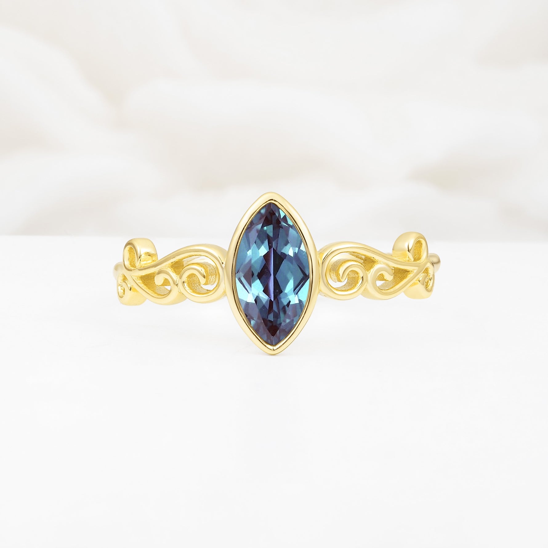 Vintage Marquise Cut Ornate Scroll Design Alexandrite Engagement Ring - Additional view