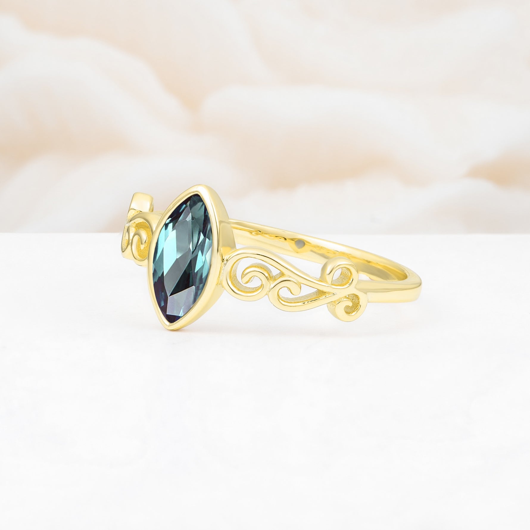 Vintage Marquise Cut Ornate Scroll Design Alexandrite Engagement Ring - Additional view