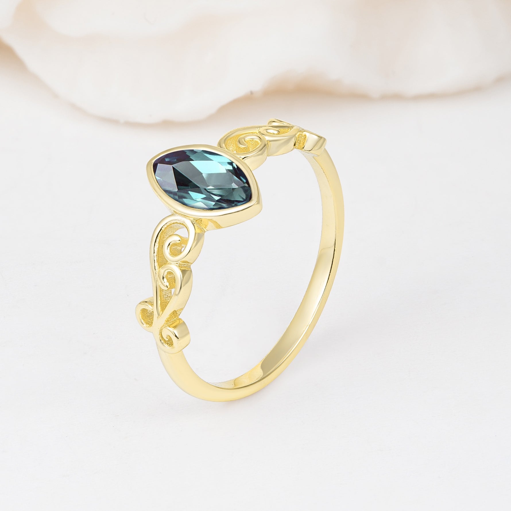 Vintage Marquise Cut Ornate Scroll Design Alexandrite Engagement Ring - Additional view