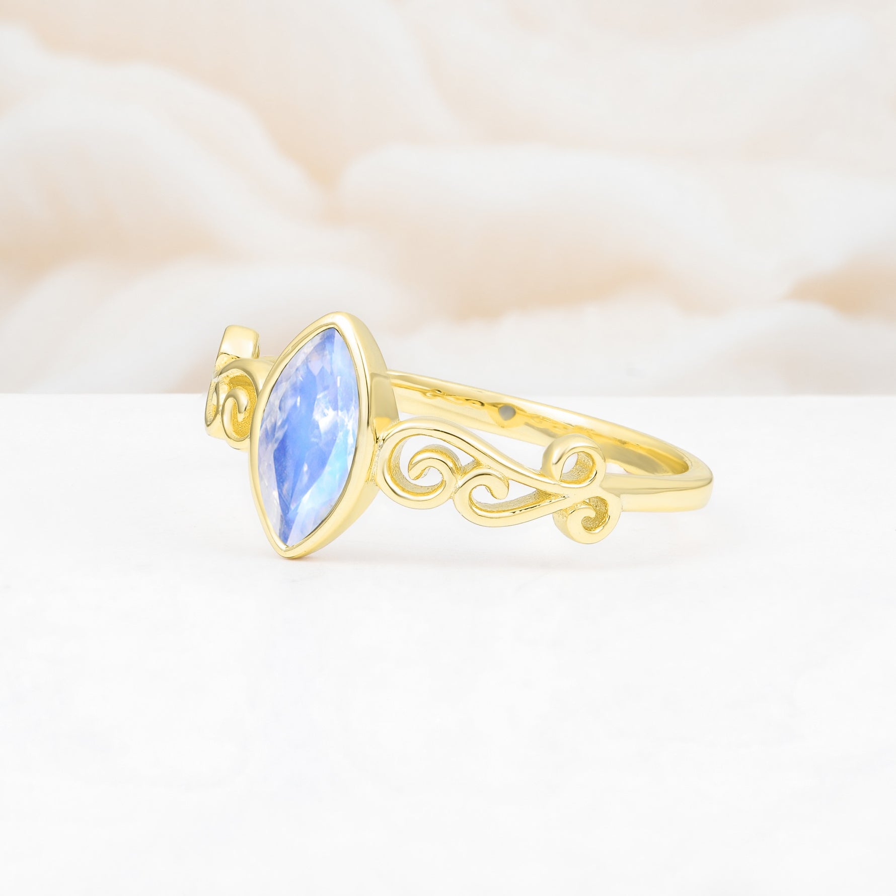 Vintage Marquise Cut Ornate Scroll Design Moonstone Engagement Ring - Additional view
