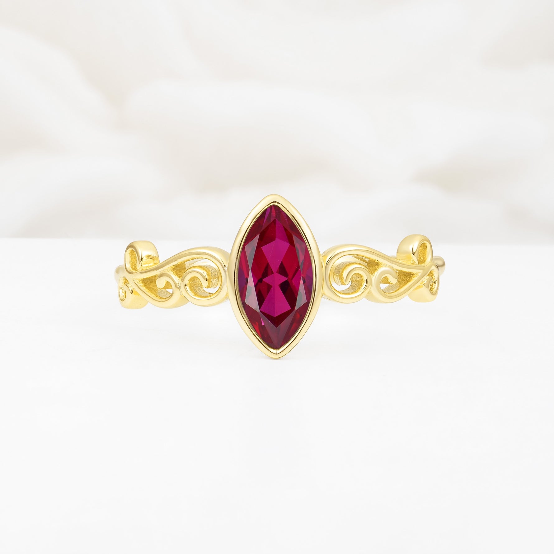 Vintage Marquise Cut Ornate Scroll Design Ruby Engagement Ring - Additional view