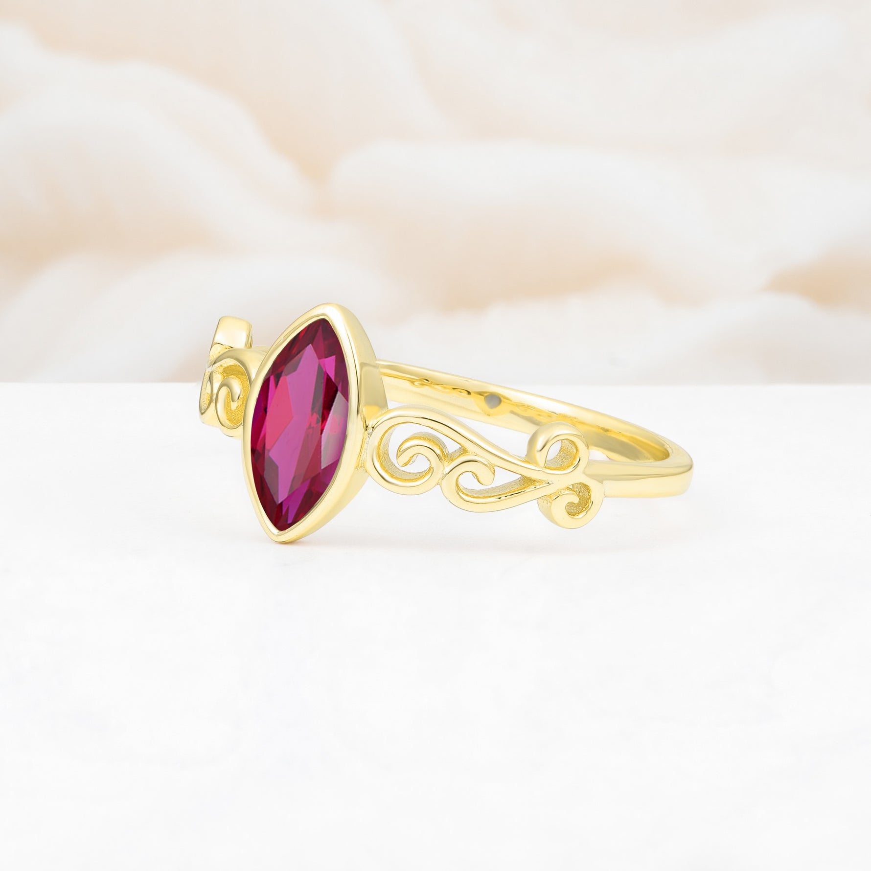 Vintage Marquise Cut Ornate Scroll Design Ruby Engagement Ring - Additional view