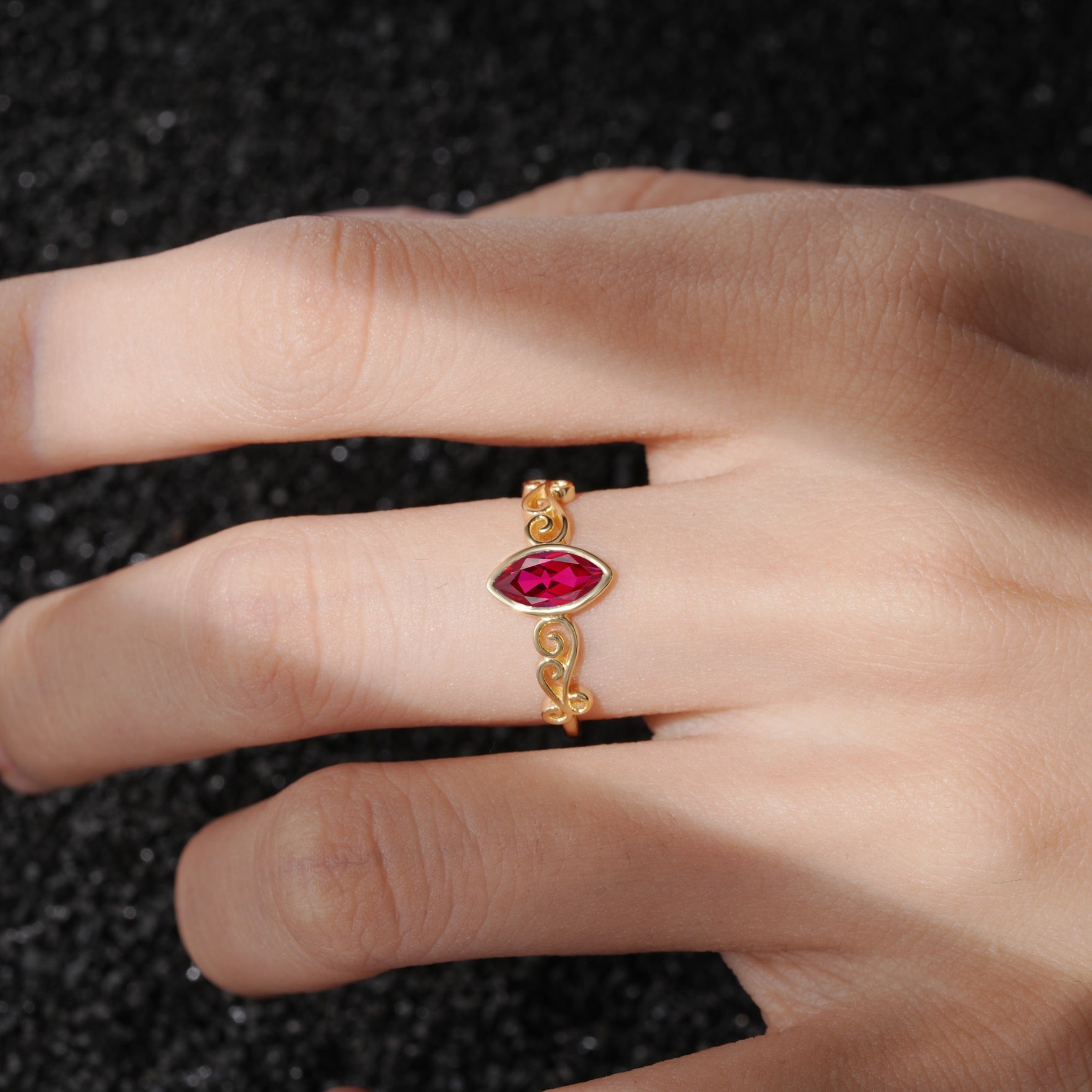 Vintage Marquise Cut Ornate Scroll Design Ruby Engagement Ring - Additional view