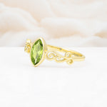 Vintage Marquise Cut Ornate Scroll Design Peridot Engagement Ring - Additional view