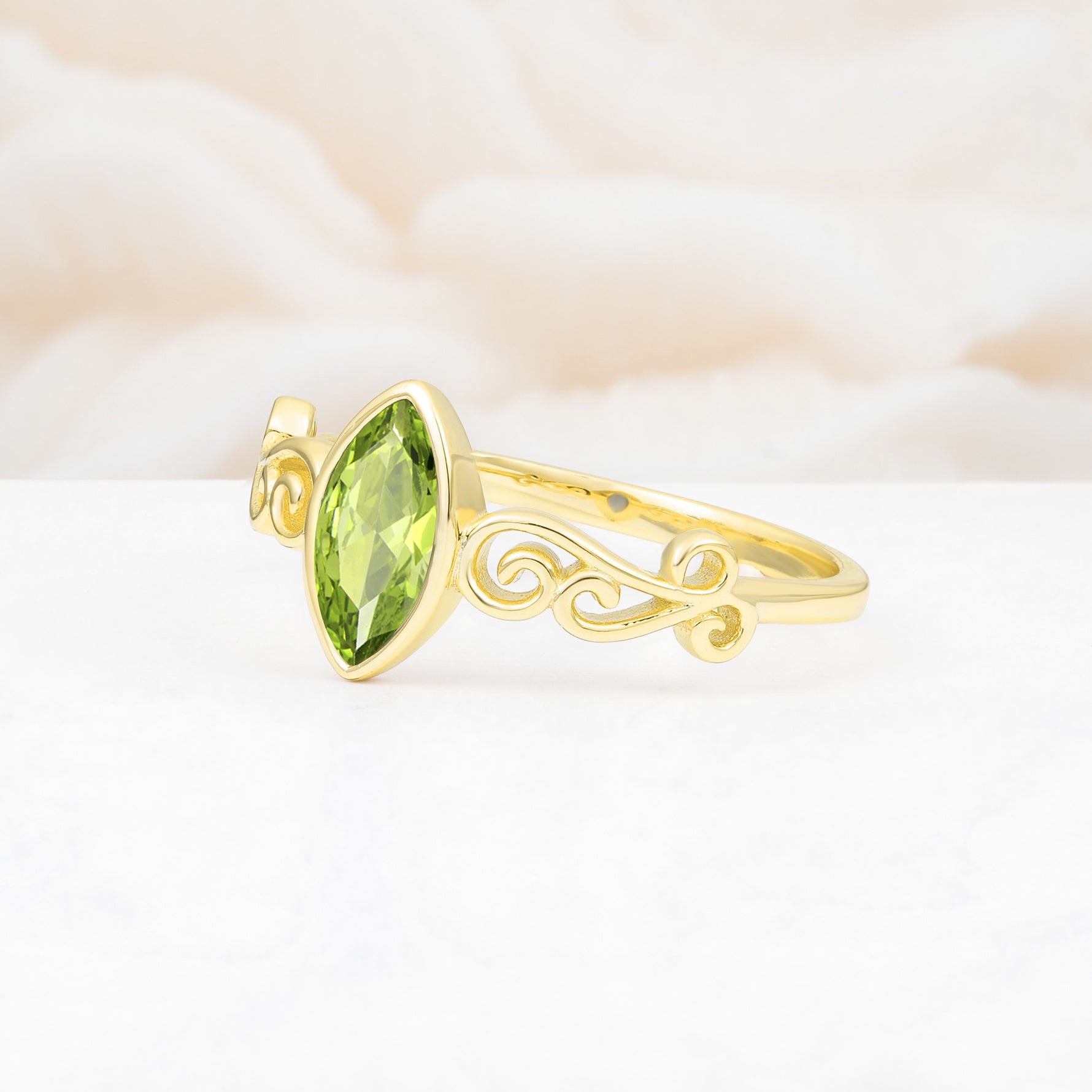 Vintage Marquise Cut Ornate Scroll Design Peridot Engagement Ring - Additional view