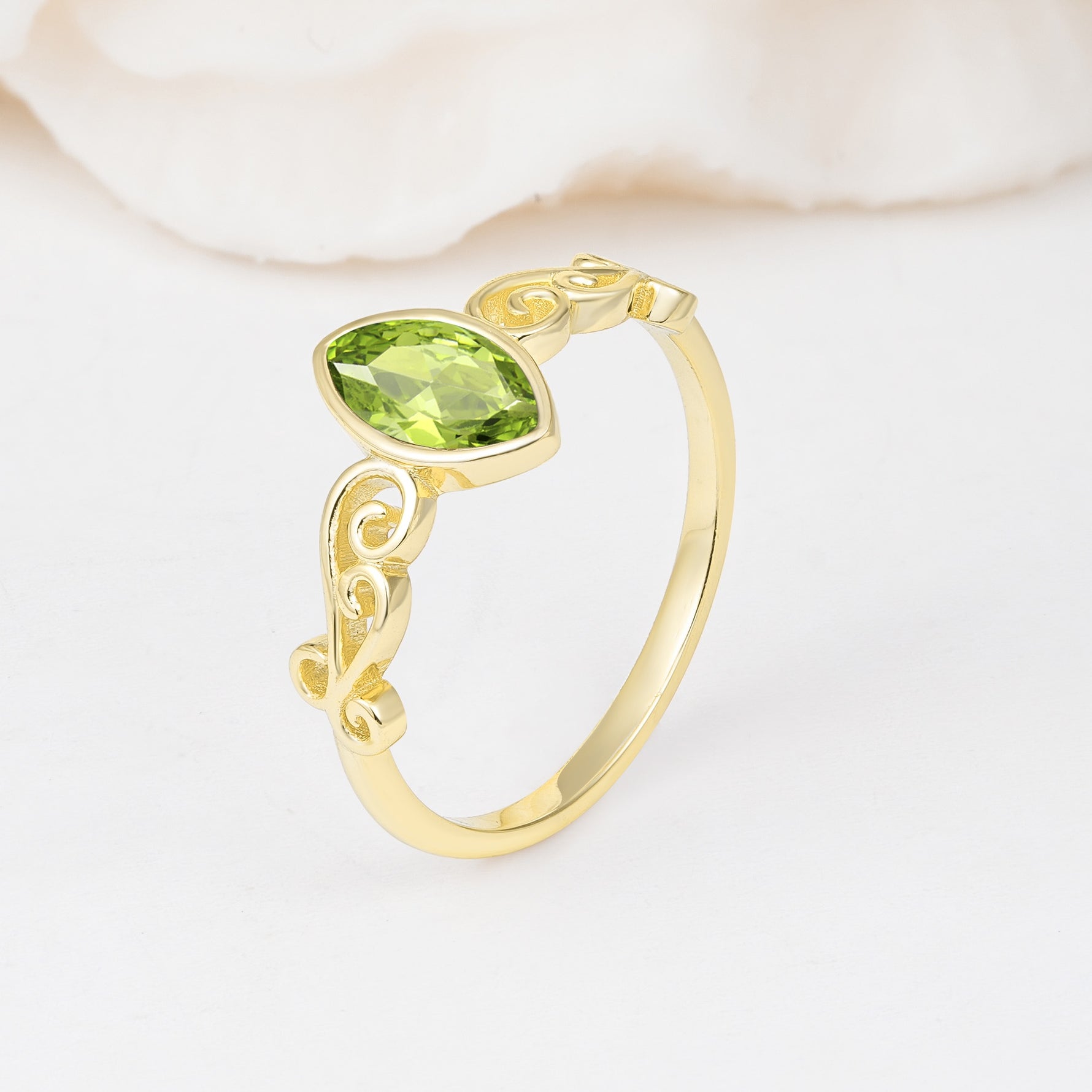 Vintage Marquise Cut Ornate Scroll Design Peridot Engagement Ring - Additional view