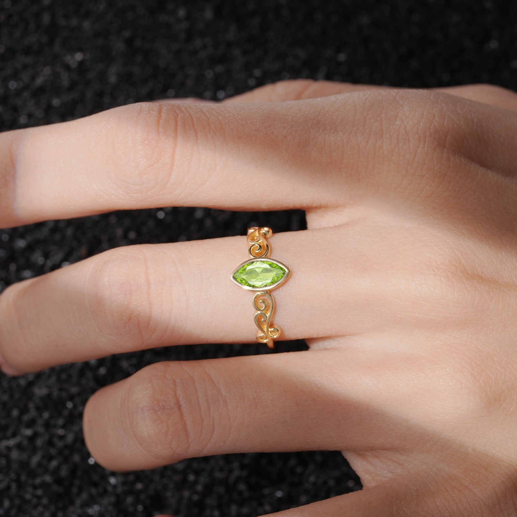 Vintage Marquise Cut Ornate Scroll Design Peridot Engagement Ring - Additional view