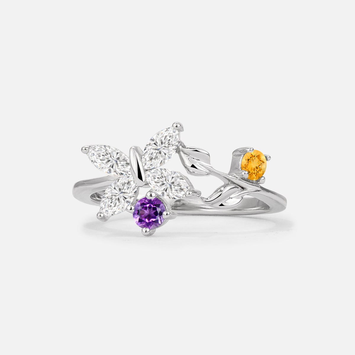 Floral Moissanite Statement Ring with Leaf and Vine Detail