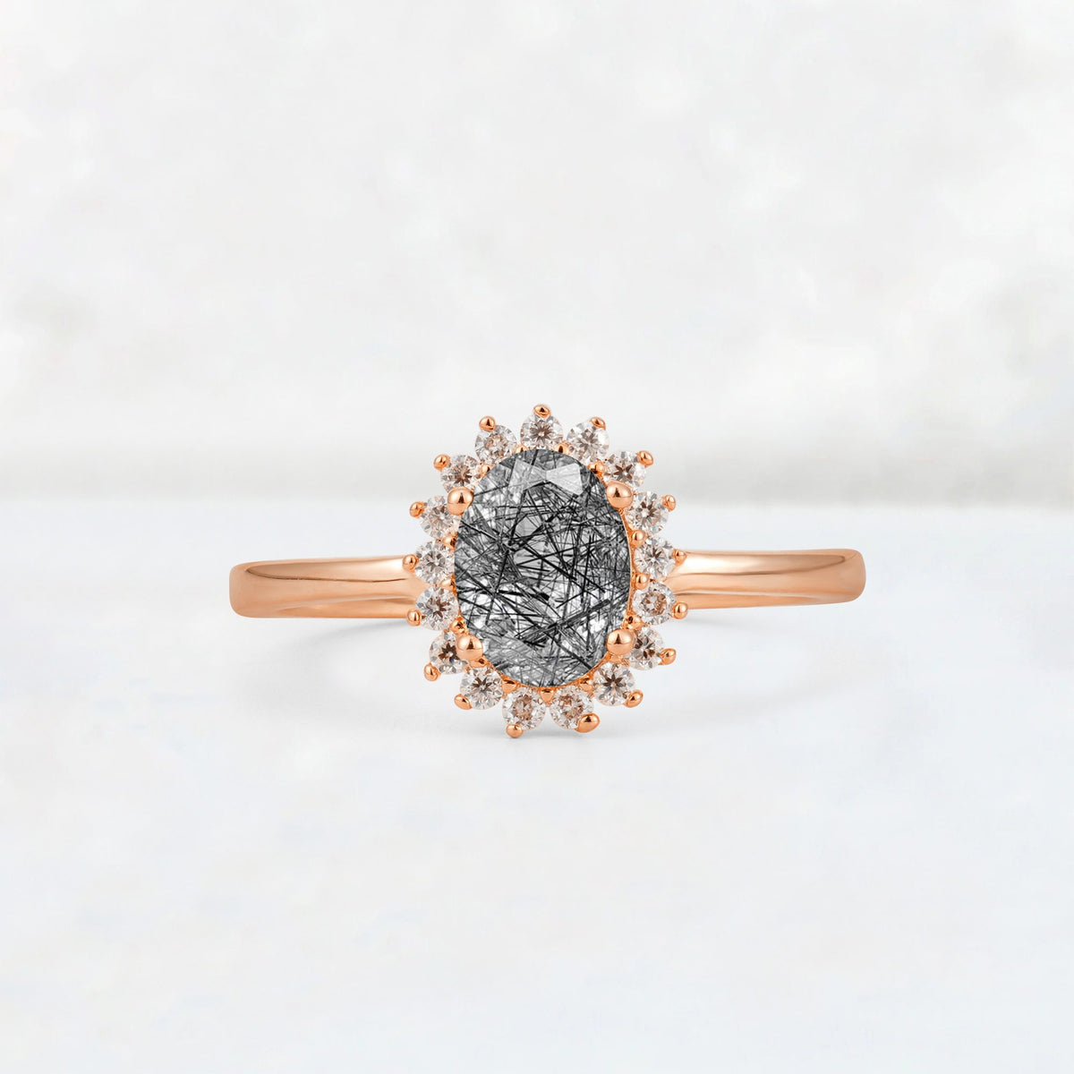 Oval Black Rutilated Quartz Halo Vintage Engagement Ring - Additional view