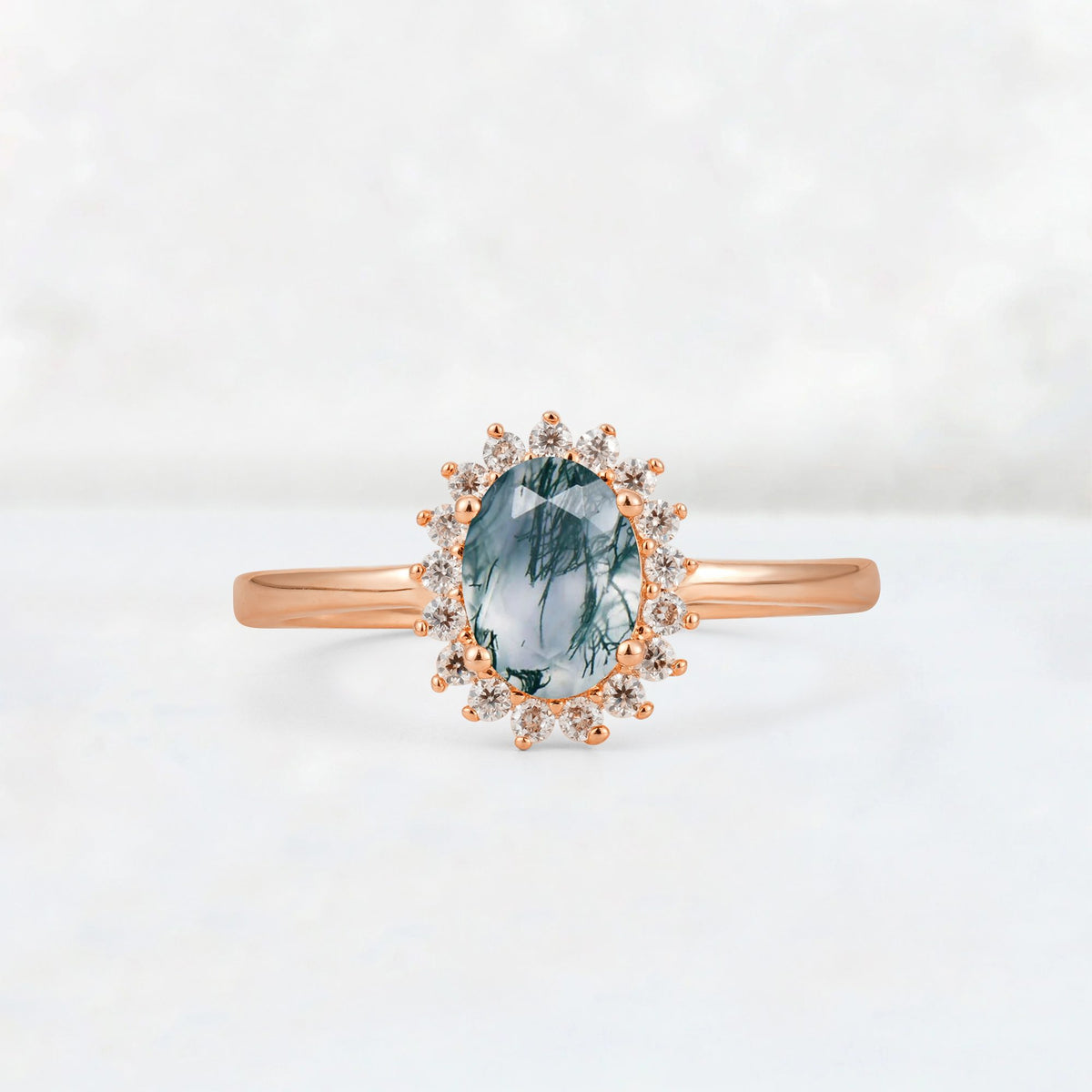 Oval Moss Agate Halo Vintage Engagement Ring - Additional view