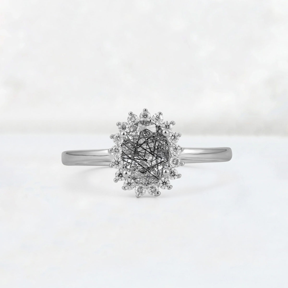 Oval Black Rutilated Quartz Halo Vintage Engagement Ring - Additional view