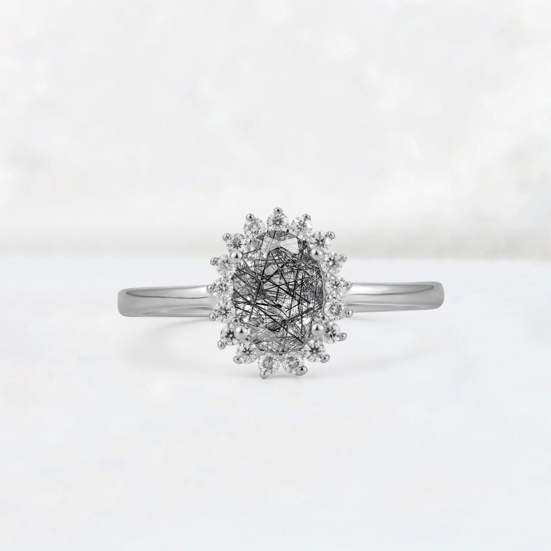 Oval Black Rutilated Quartz Halo Vintage Engagement Ring - Additional view